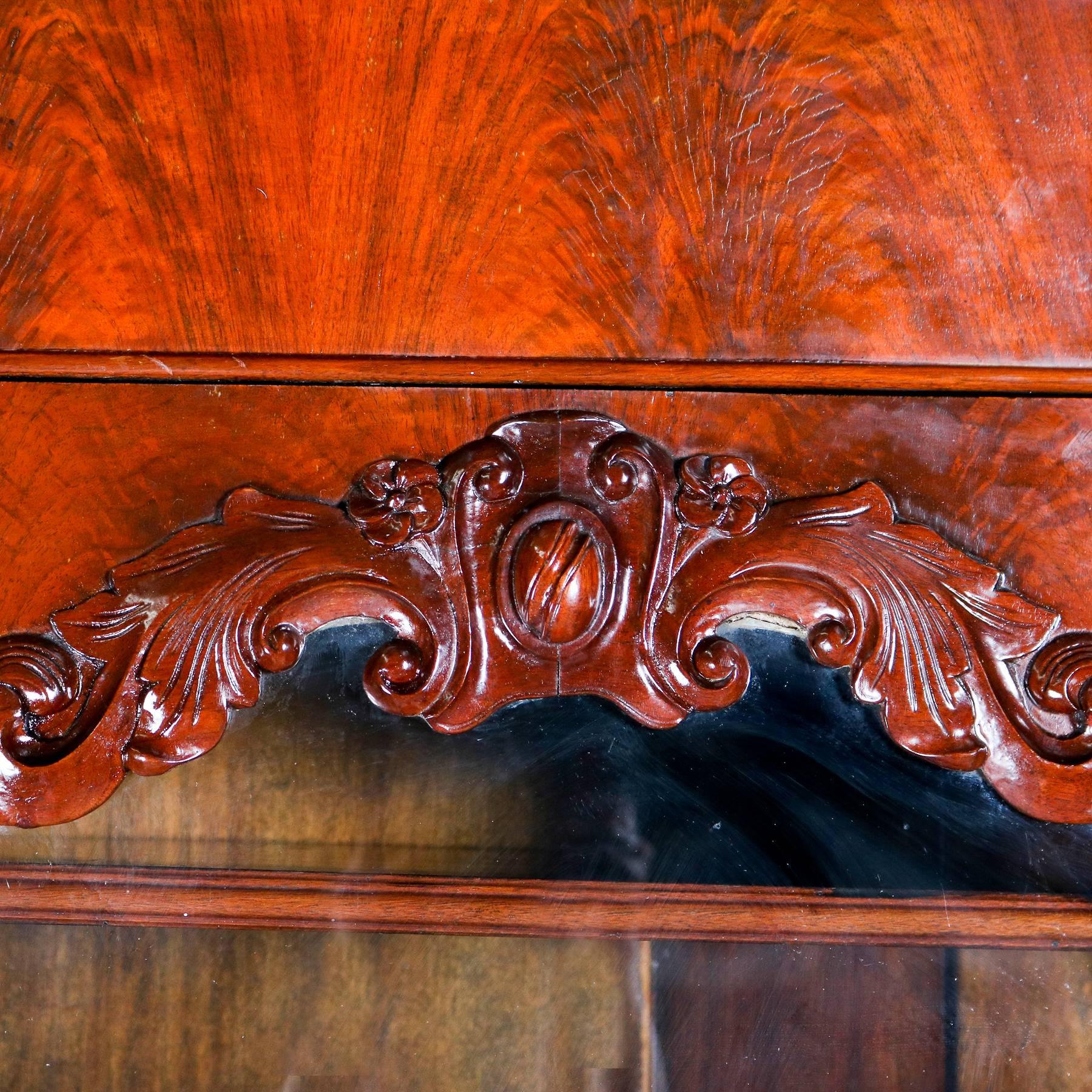 Glass Antique American Empire Flame Mahogany Carved Slant Front Secretary 19th Century