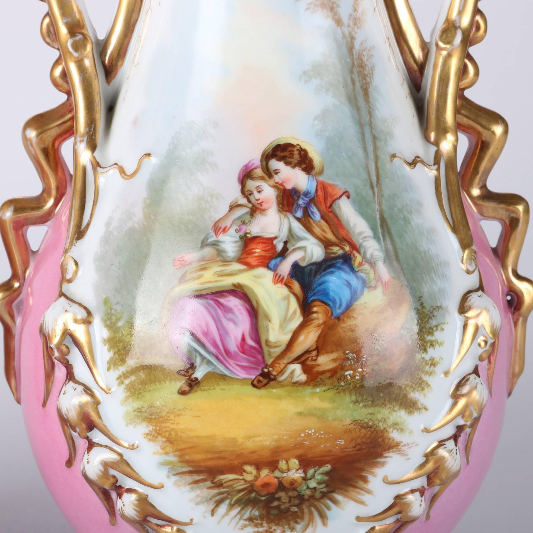 French Pair of Antique Old Paris Hand-Painted Porcelain Portrait Vases, 19th Century