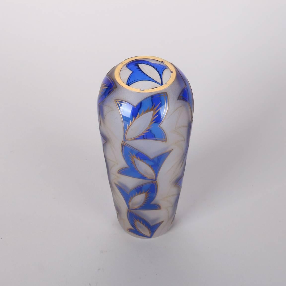 20th Century Antique Art Deco Daum Nancy School Cobalt and Gilt Cut Back Glass Vase