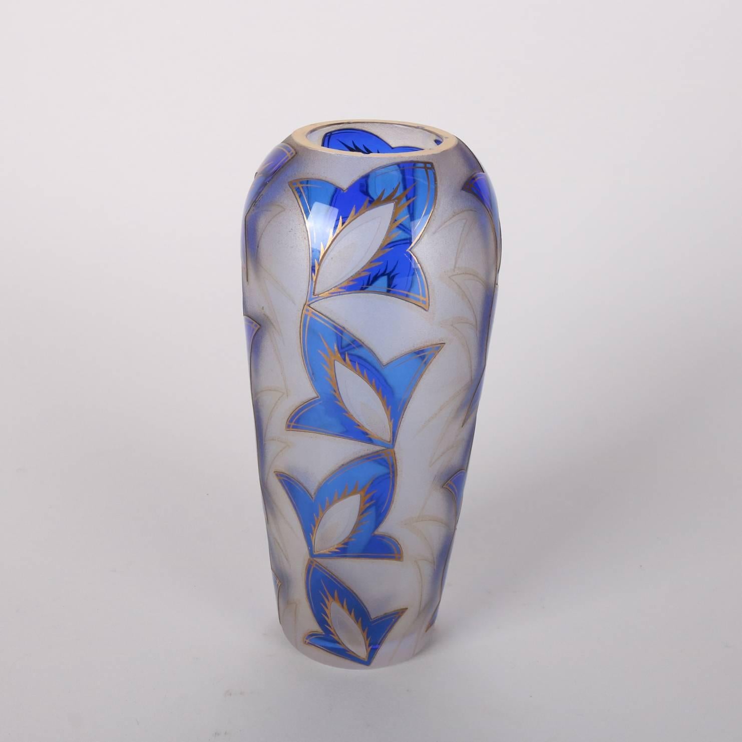 Antique Art Deco Daum Nancy School Cobalt and Gilt Cut Back Glass Vase In Good Condition In Big Flats, NY