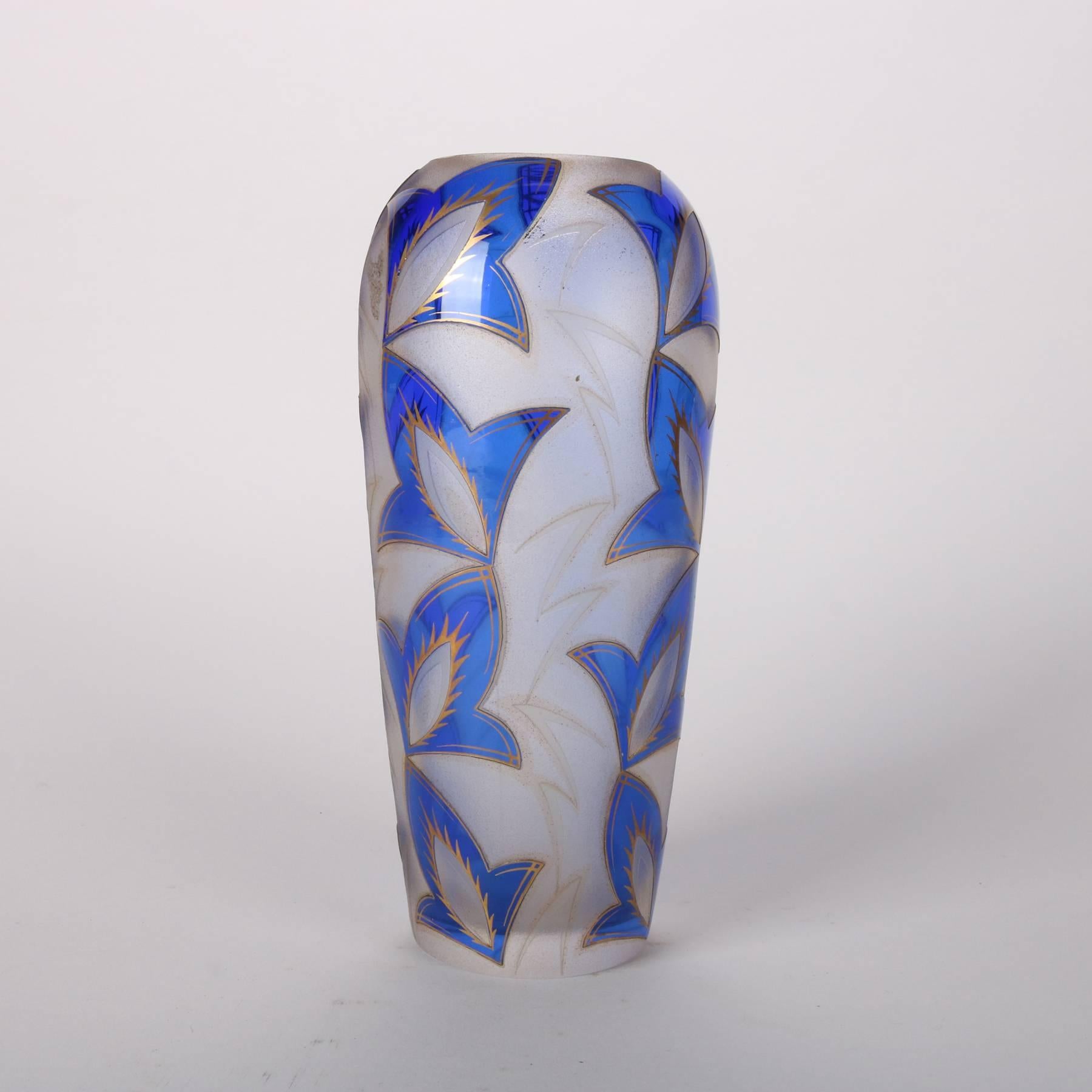 European Antique Art Deco Daum Nancy School Cobalt and Gilt Cut Back Glass Vase