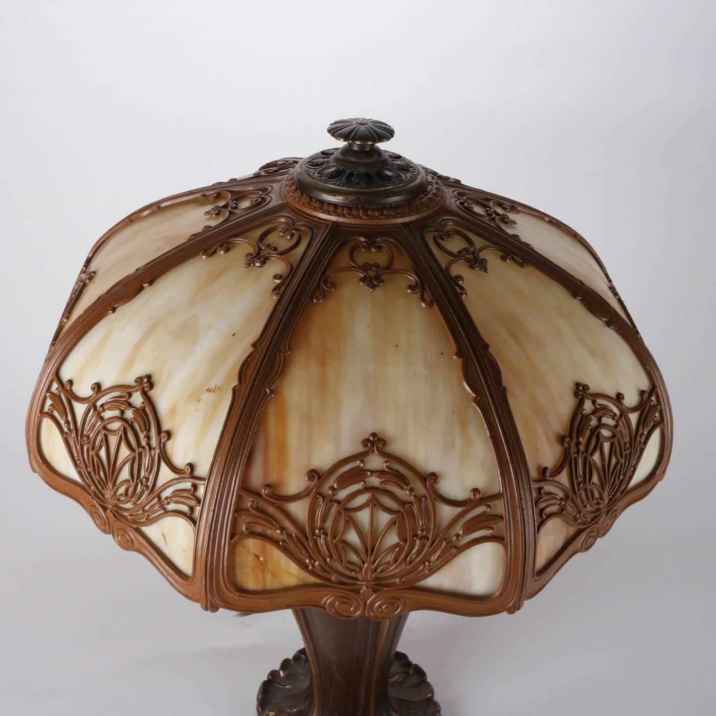 Antique Arts & Crafts Bradley and Hubbard Bronzed and Gilt Slag Glass Lamp 2