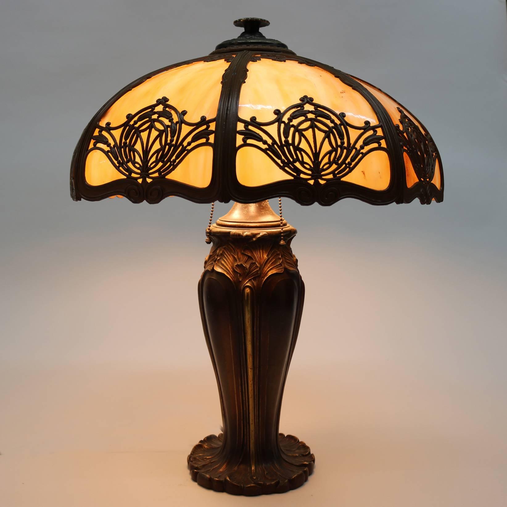 Antique Arts & Crafts Bradley and Hubbard Bronzed and Gilt Slag Glass Lamp In Good Condition In Big Flats, NY
