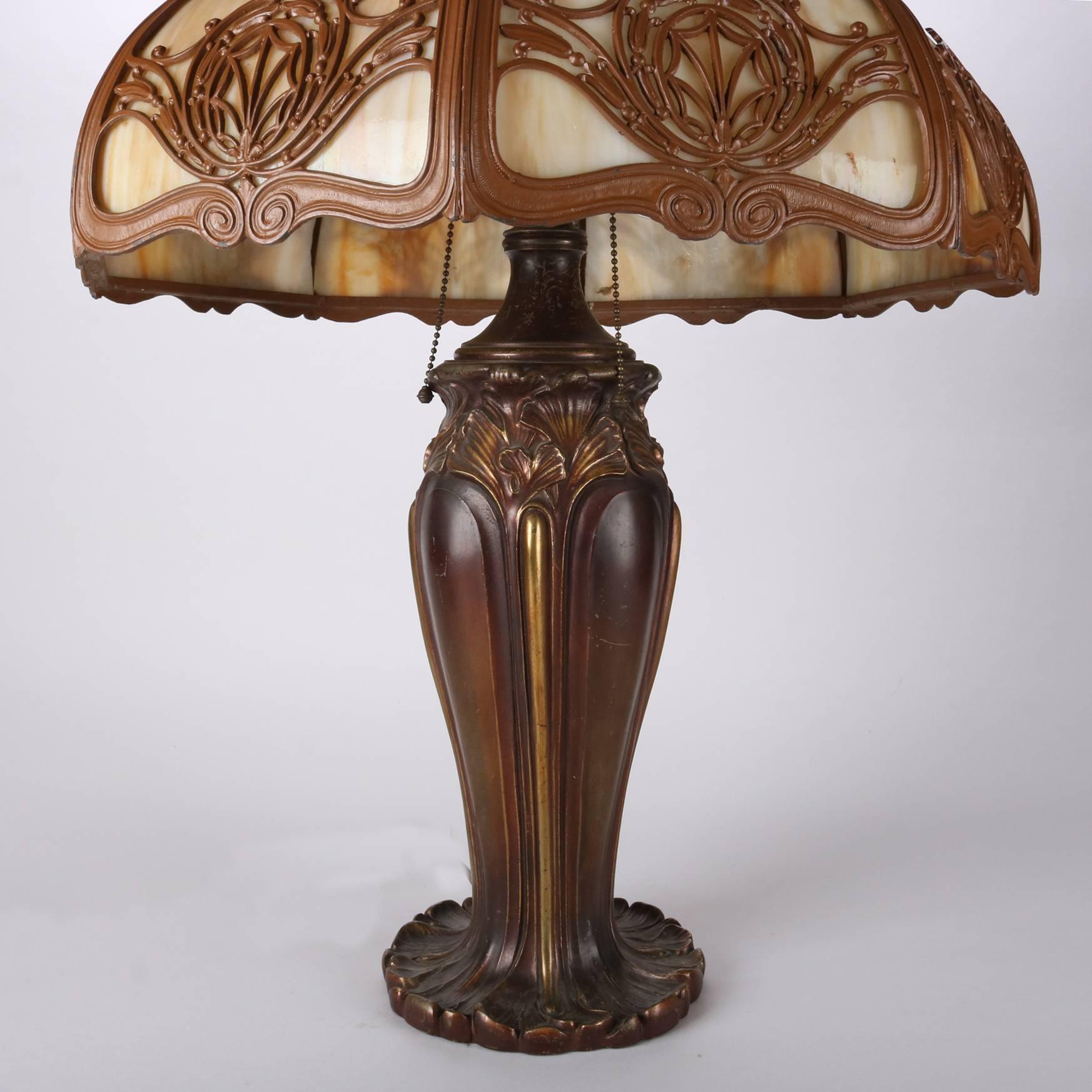 Art Nouveau Antique Arts & Crafts Bradley and Hubbard Bronzed and Gilt Slag Glass Lamp