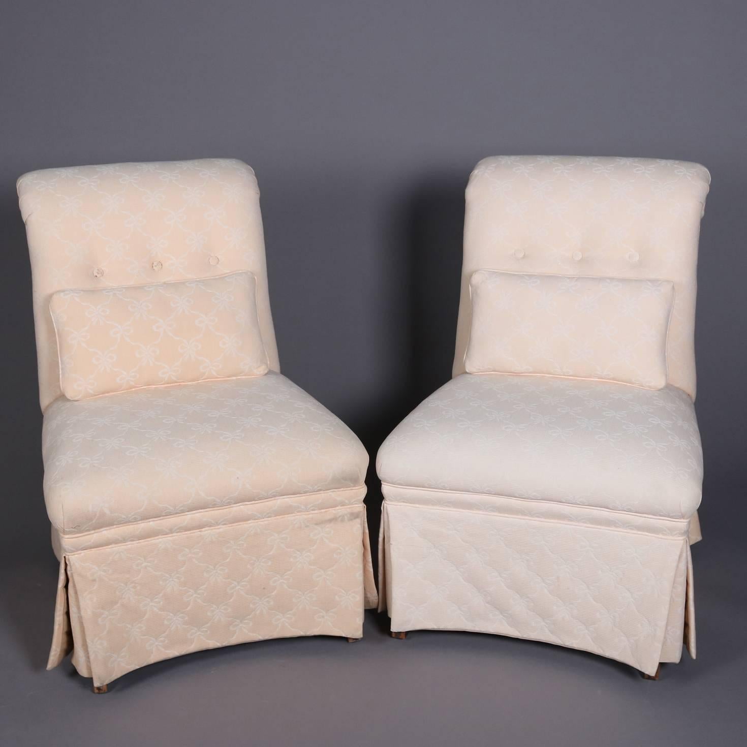 European Pair of Vintage Petite Scroll Back Upholstered Slipper Chairs, 20th Century