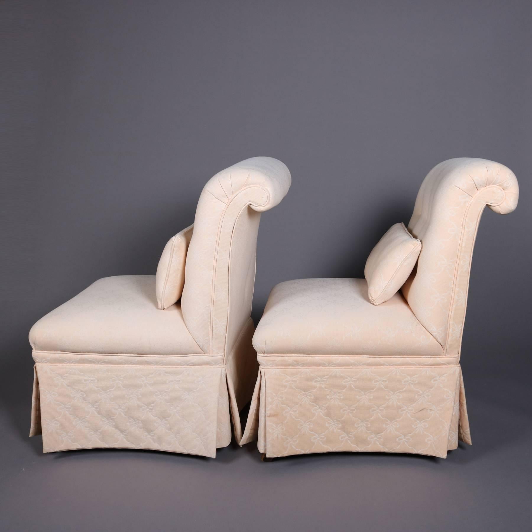 Pair of Vintage Petite Scroll Back Upholstered Slipper Chairs, 20th Century 5