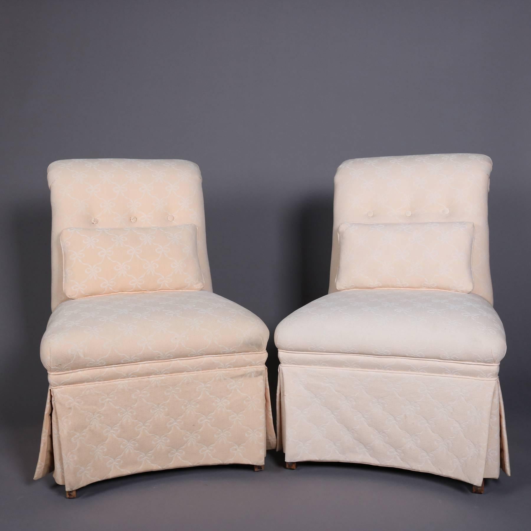 Pair of vintage upholstered petite slipper chairs feature scroll back form and upholstered upper and skirting, 20th century

***DELIVERY NOTICE – Due to COVID-19 we are employing NO-CONTACT PRACTICES in the transfer of purchased items. 