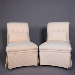 Pair of Vintage Petite Scroll Back Upholstered Slipper Chairs, 20th Century