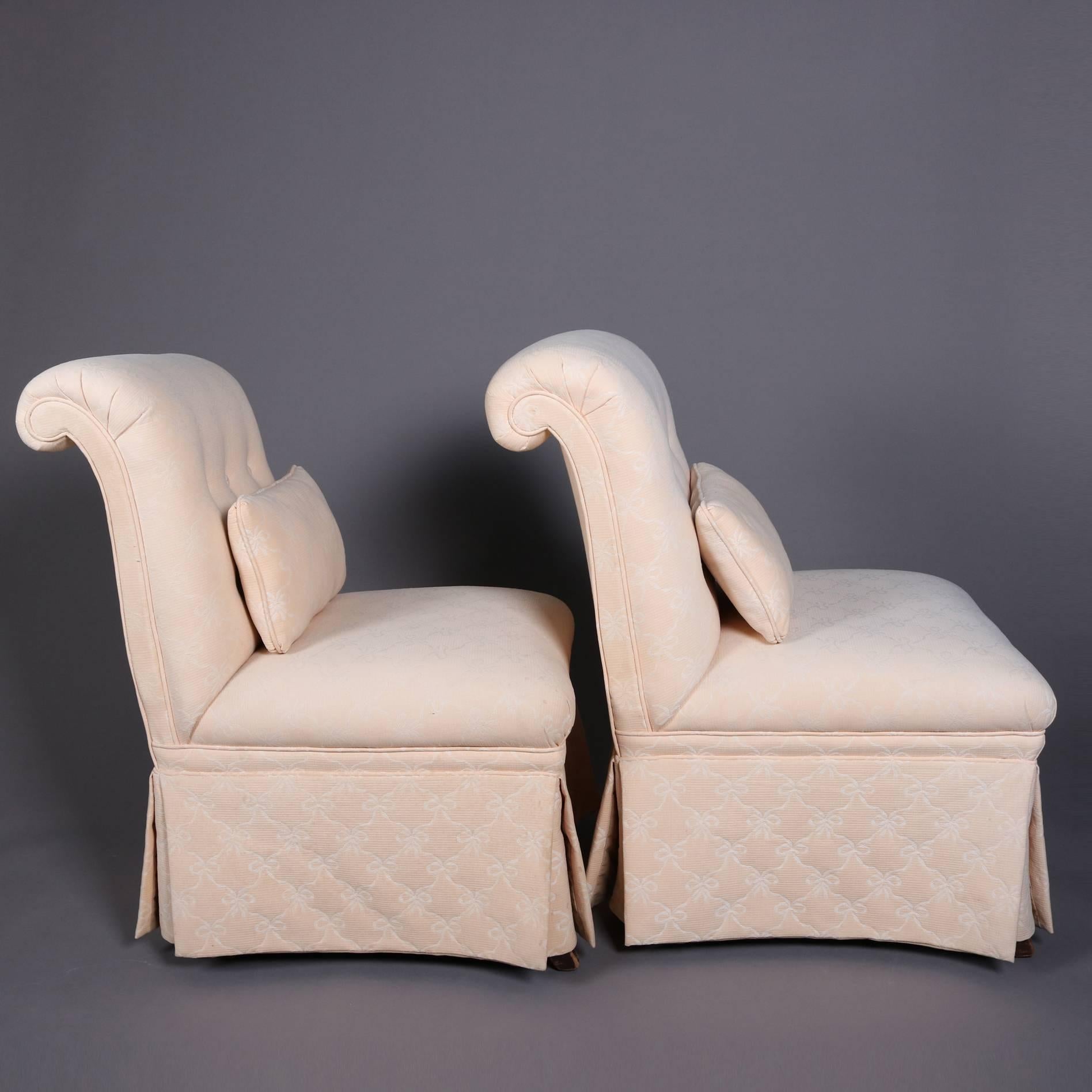 Pair of Vintage Petite Scroll Back Upholstered Slipper Chairs, 20th Century 3