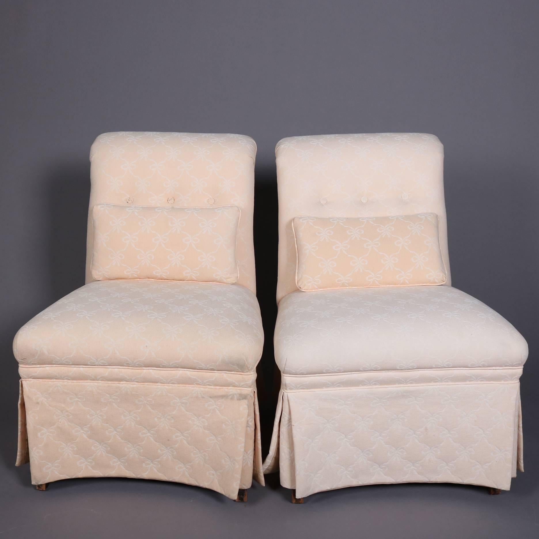 Pair of Vintage Petite Scroll Back Upholstered Slipper Chairs, 20th Century 2