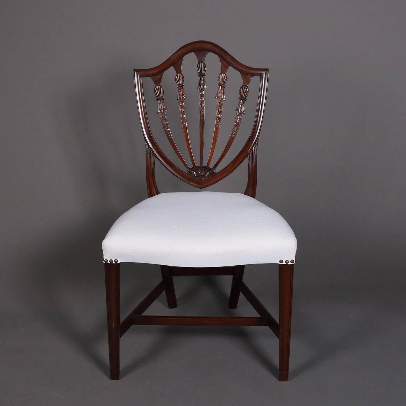 European Federal Carved Mahogany Upholstered Shield Back Dining Chairs, 20th Century