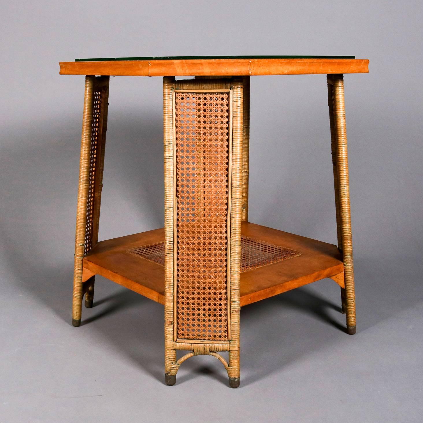 Heywood Wakefield Yewwood, Cane and Wicker Glass Top Lamp Stand, 20th Century In Good Condition In Big Flats, NY