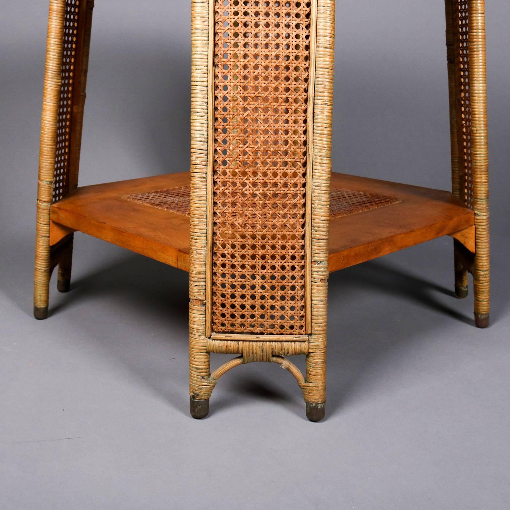 Heywood Wakefield Yewwood, Cane and Wicker Glass Top Lamp Stand, 20th Century 3