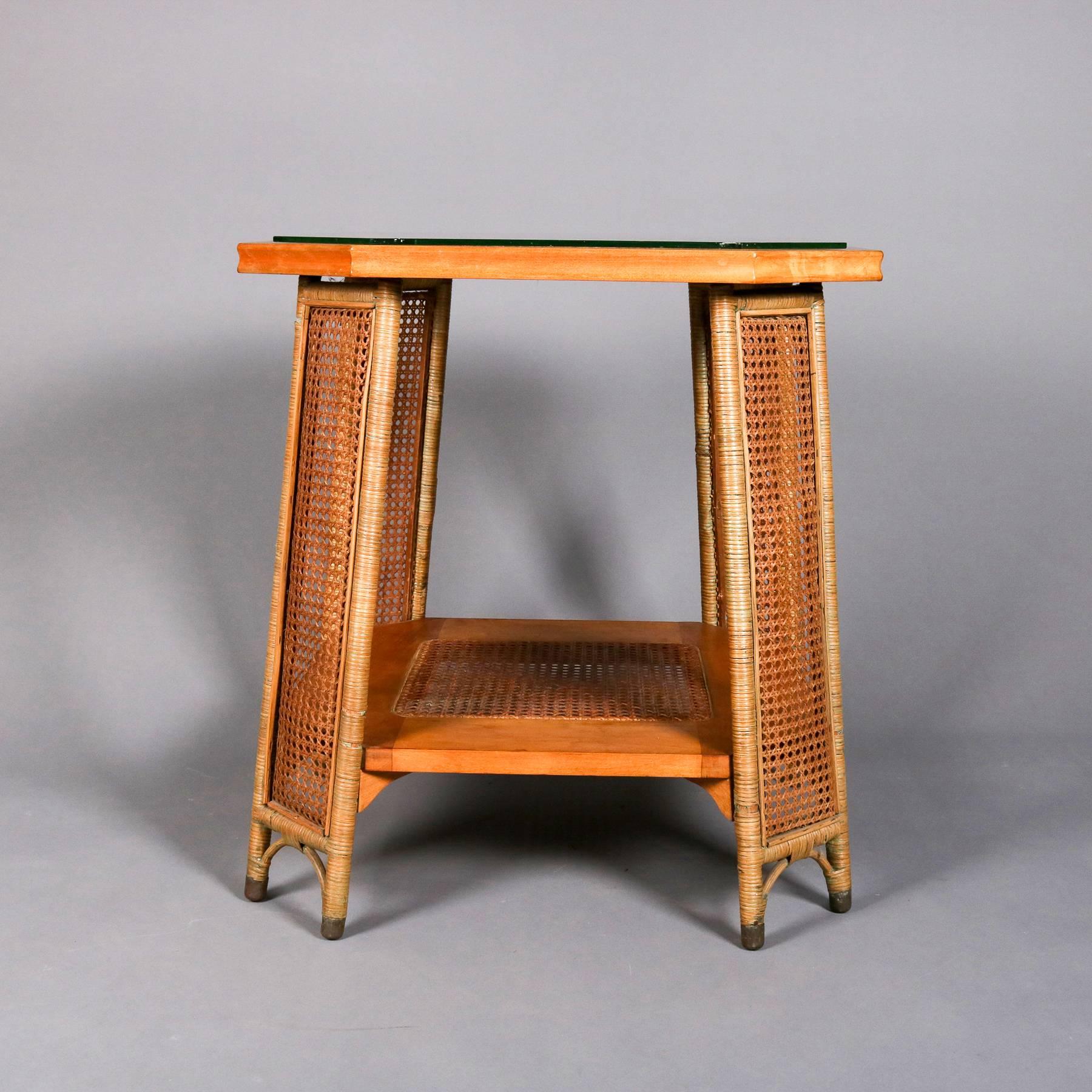 American Heywood Wakefield Yewwood, Cane and Wicker Glass Top Lamp Stand, 20th Century