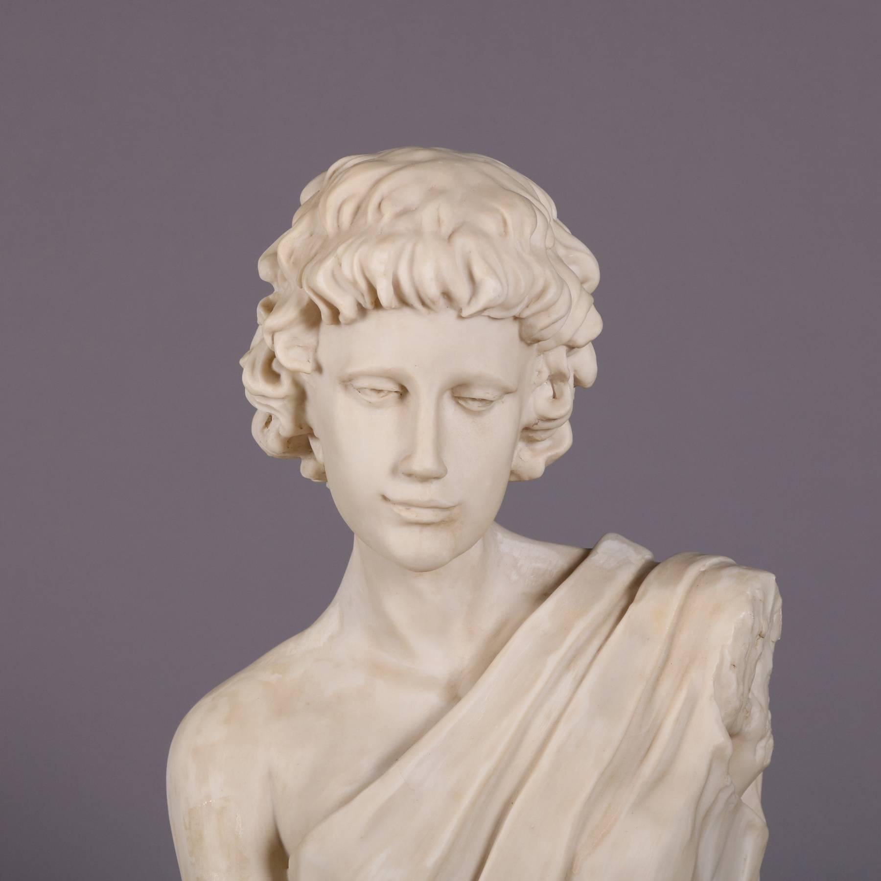 Classical faux marble 3/4 bust sculpture on metal stand depicts young Caesar, 