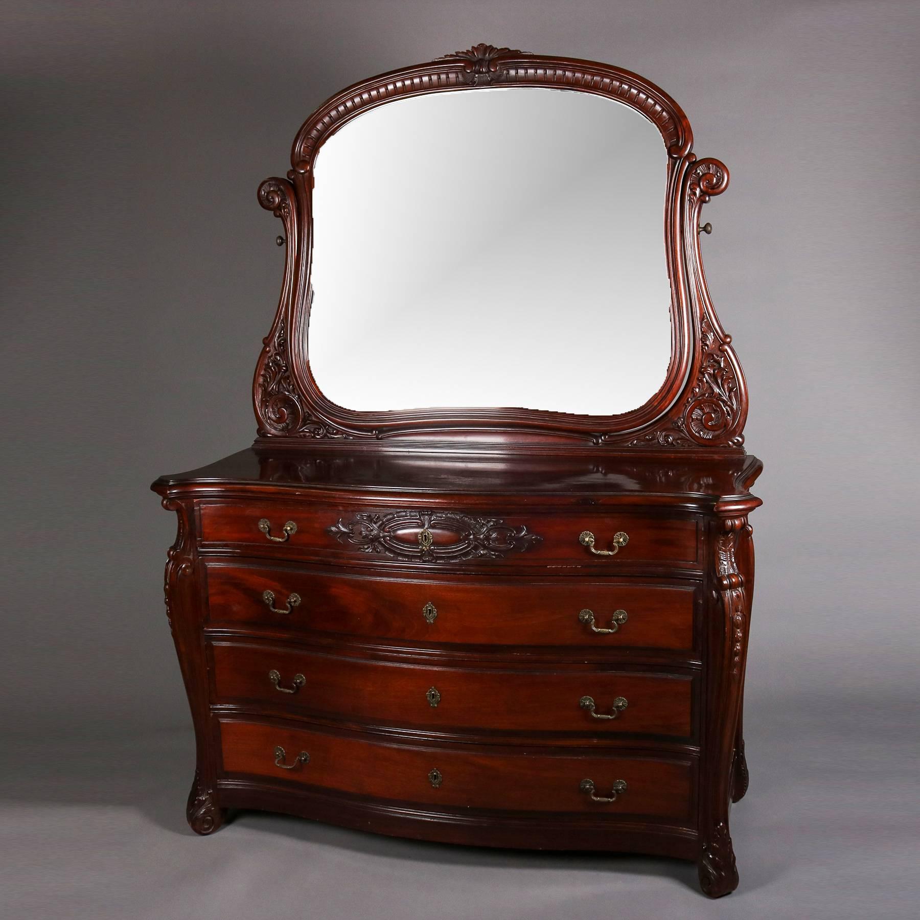 Antique Horner Bros. Carved Mahogany Bow-Front Dresser with Mirror, 20th Century 1