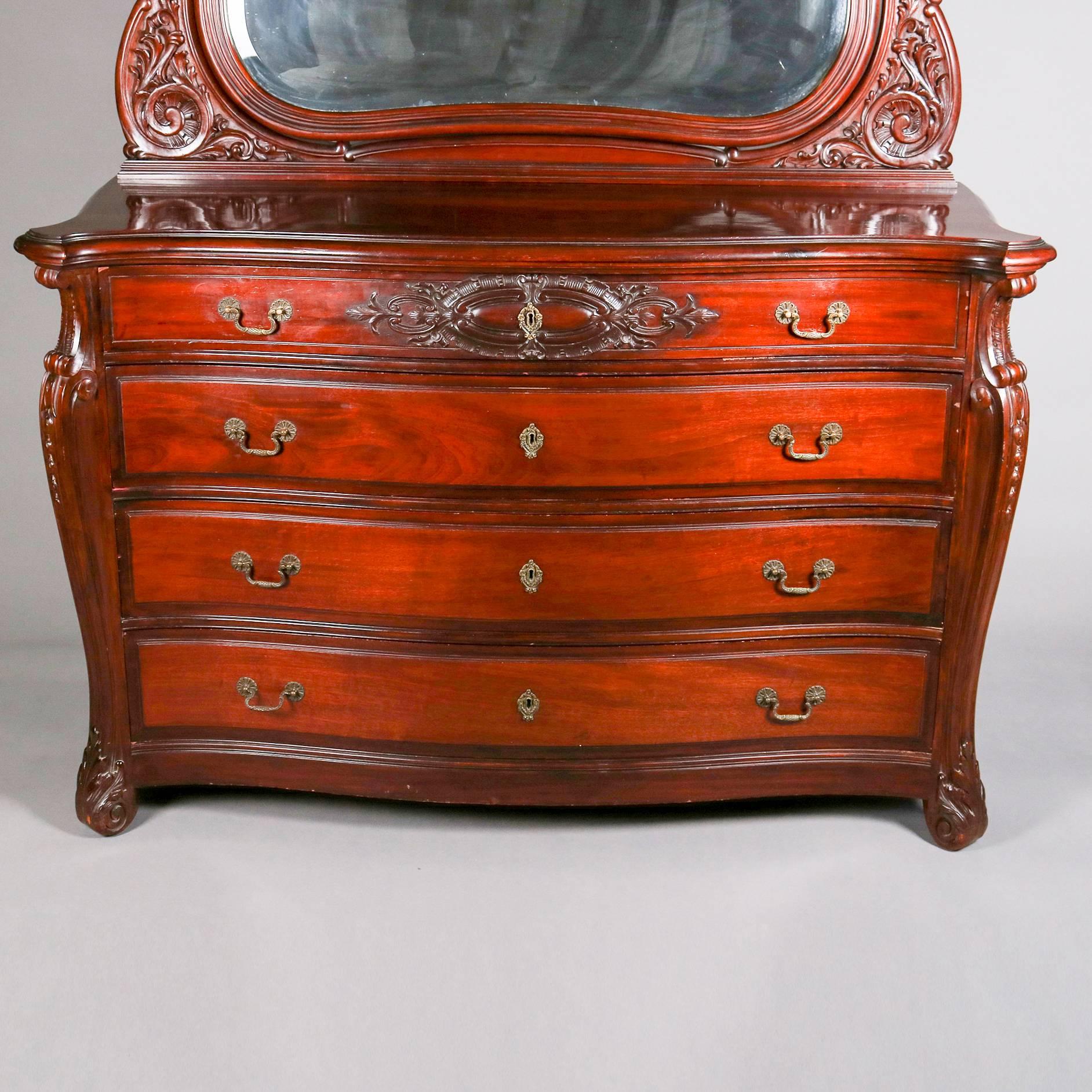 Antique mahogany dresser by Horner Brothers features carved scroll, foliate and gadroon decoration, four long drawers and mirror, 20th century

Measures: 80