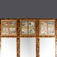 Asian Style Tortoiseshell Three-Panel Dressing Mirror Screen with Village Scenes