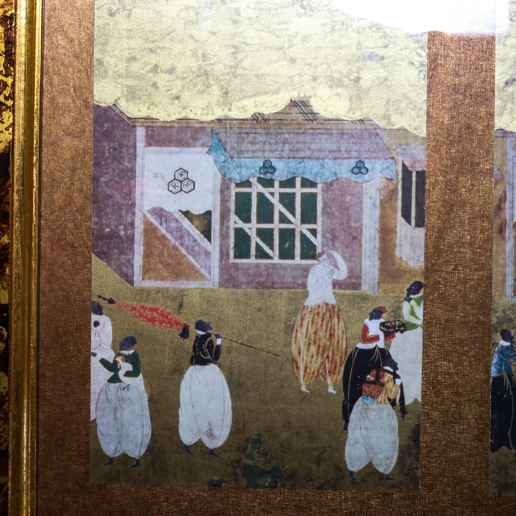 European Asian Style Tortoiseshell Three-Panel Dressing Mirror Screen with Village Scenes