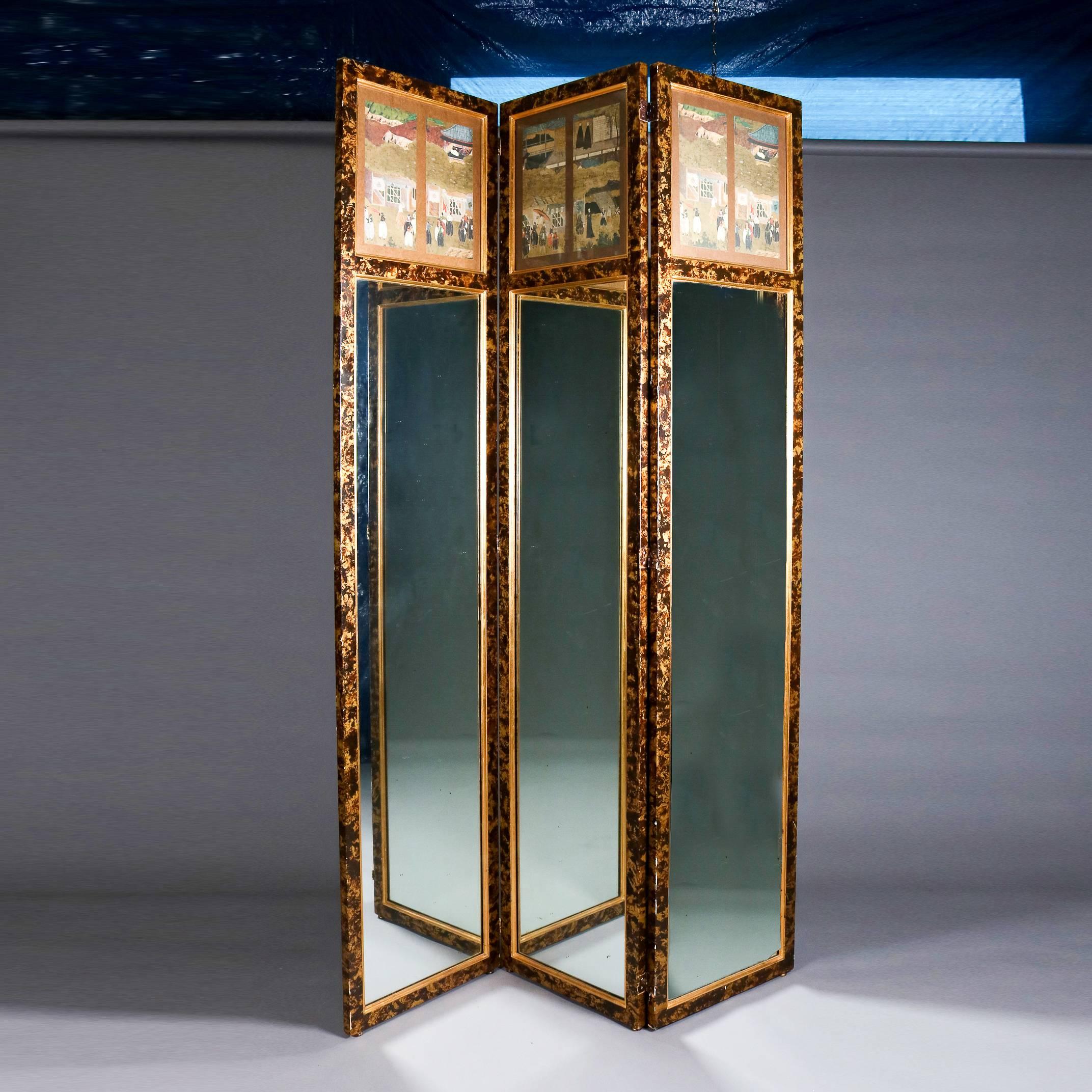 Asian Style Tortoiseshell Three-Panel Dressing Mirror Screen with Village Scenes 3
