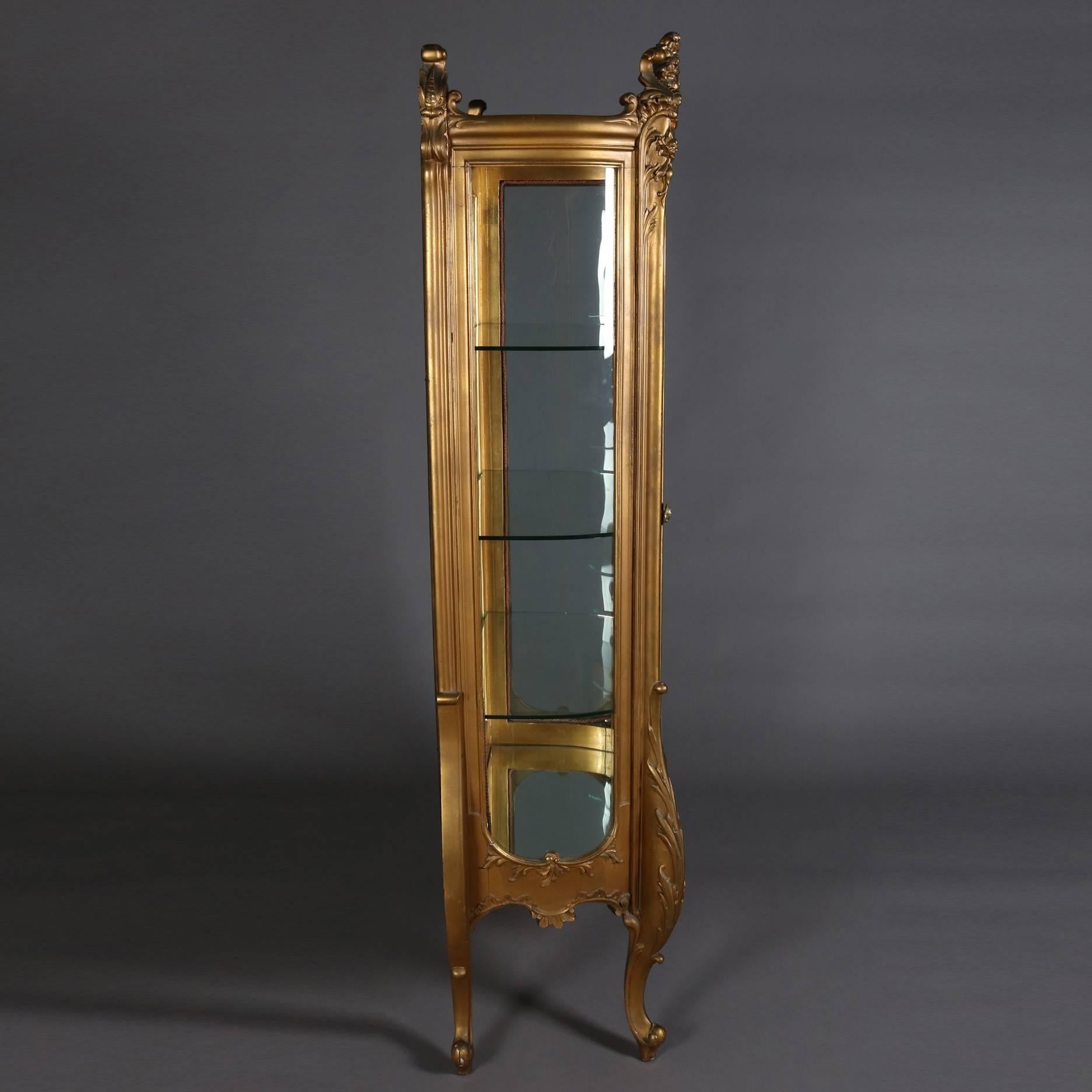 Glass Antique French Louis XIV Style Giltwood Mirror Back Bow Front Vitrine