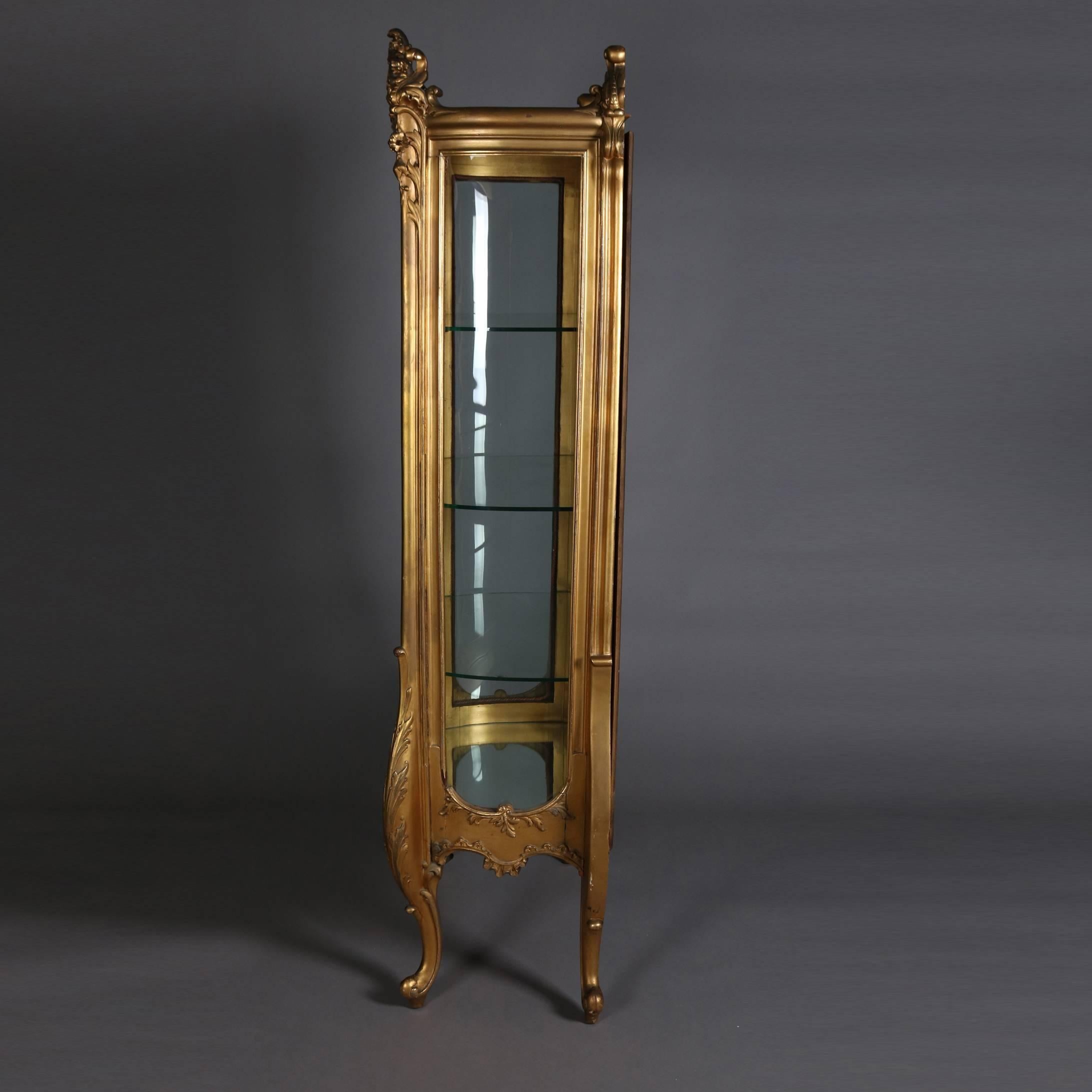 Antique French Louis XIV Style Giltwood Mirror Back Bow Front Vitrine In Good Condition In Big Flats, NY