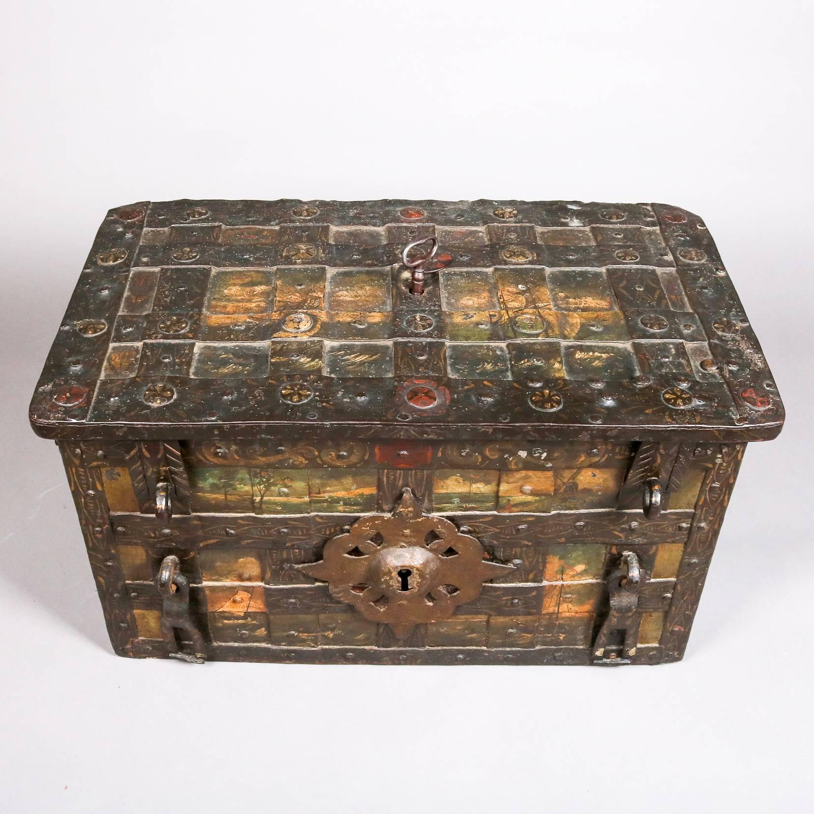 European Hand-Forged Iron Pirate's Chest with Hand-Painted Maritime Vignettes