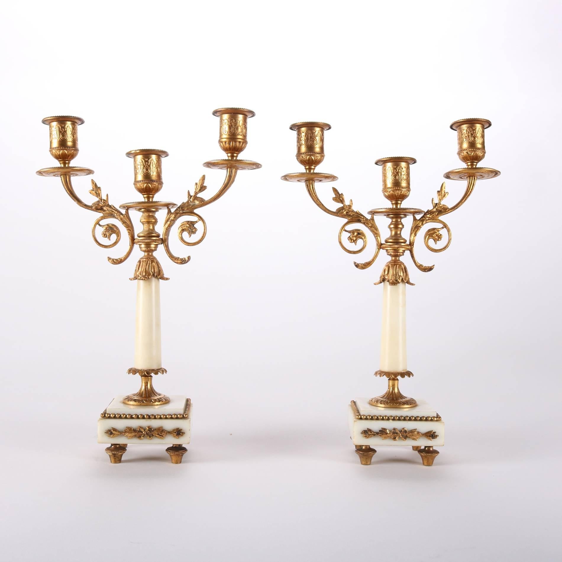 Pair of Antique French Classical Gilt Bronze and Marble Three-Light Candelabra In Good Condition In Big Flats, NY