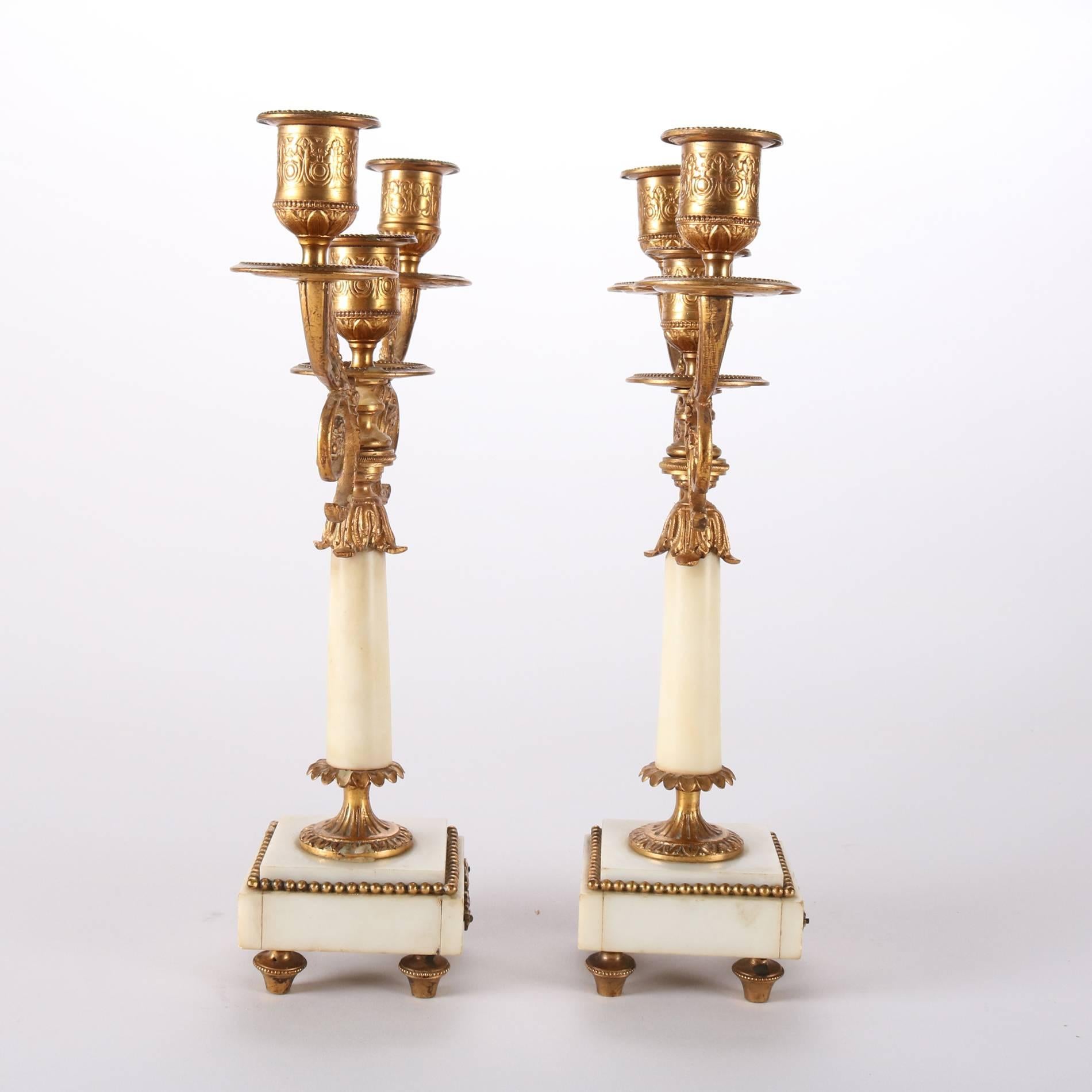Classical Greek Pair of Antique French Classical Gilt Bronze and Marble Three-Light Candelabra
