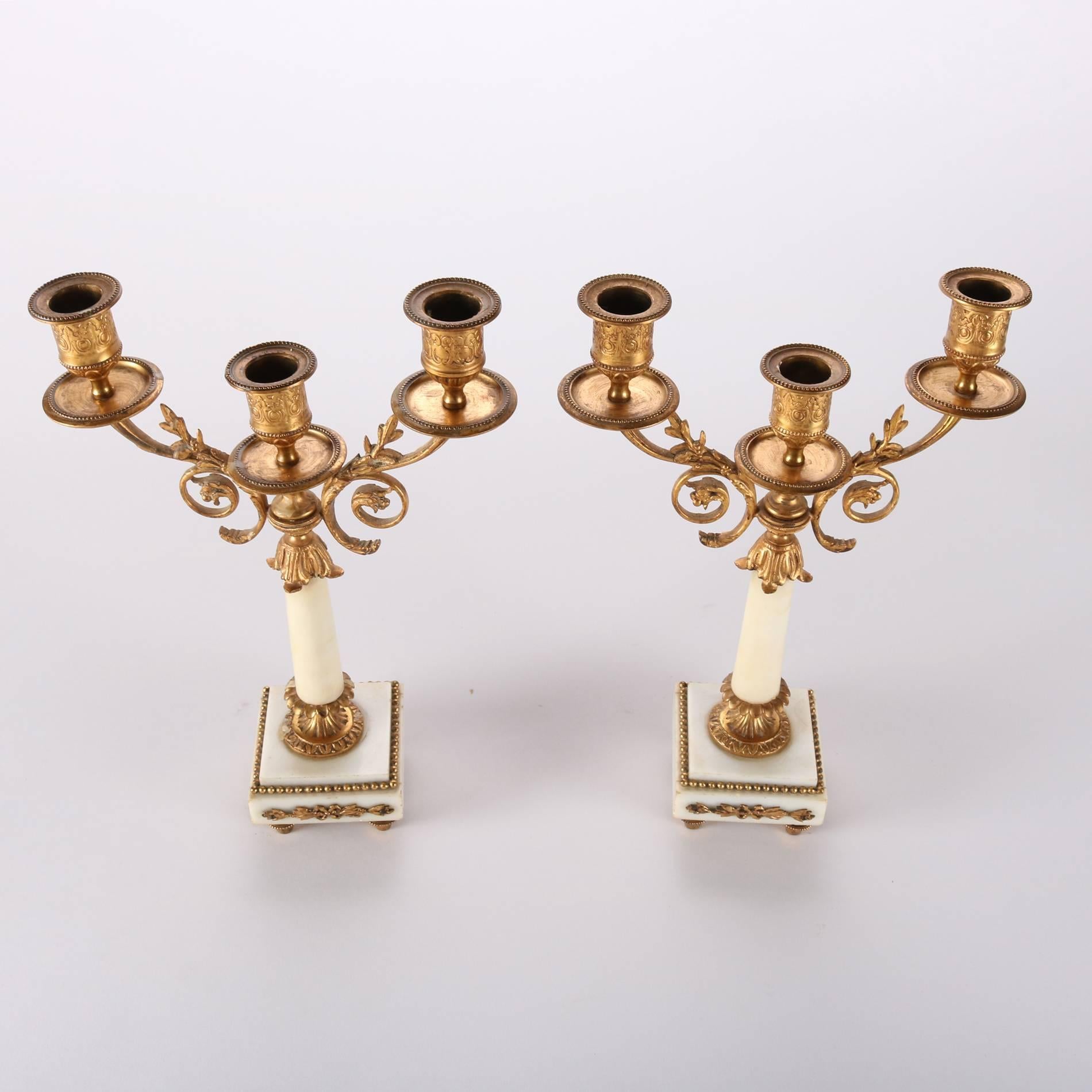 Pair of Antique French Classical Gilt Bronze and Marble Three-Light Candelabra 1