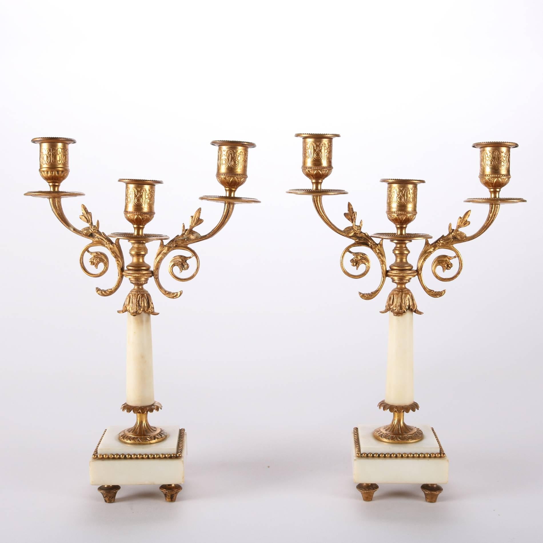Pair of Antique French Classical Gilt Bronze and Marble Three-Light Candelabra 4