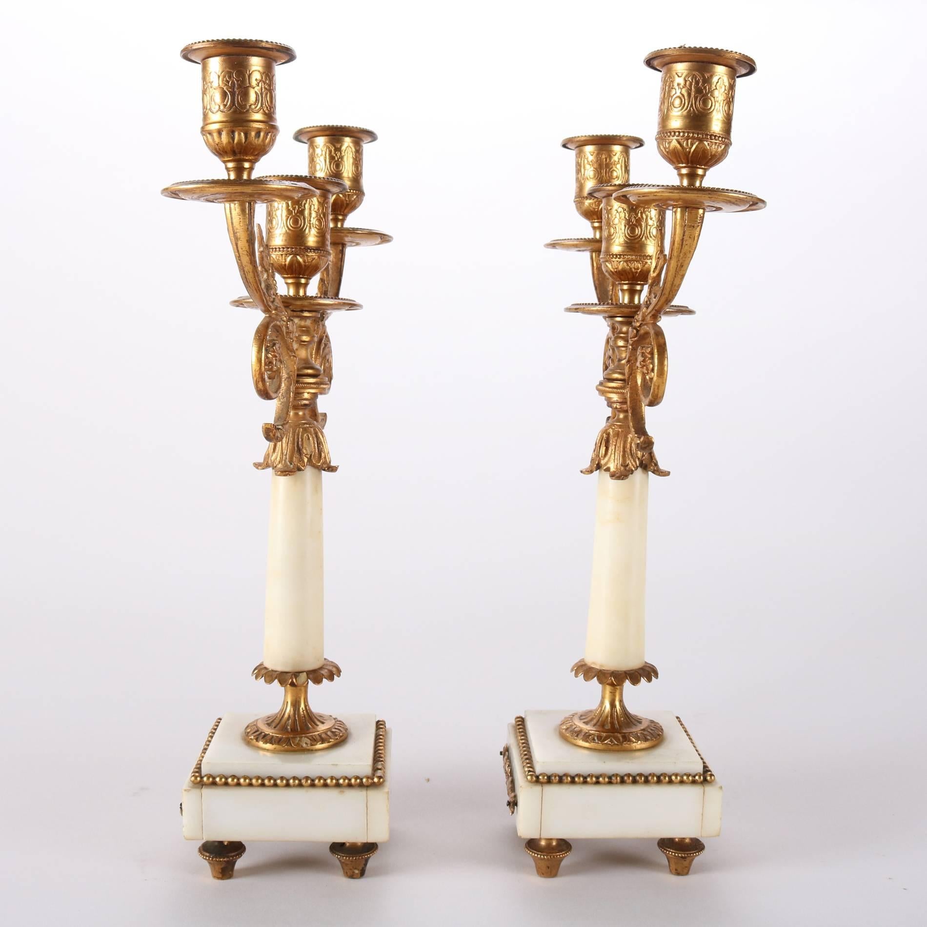 Pair of Antique French Classical Gilt Bronze and Marble Three-Light Candelabra 2