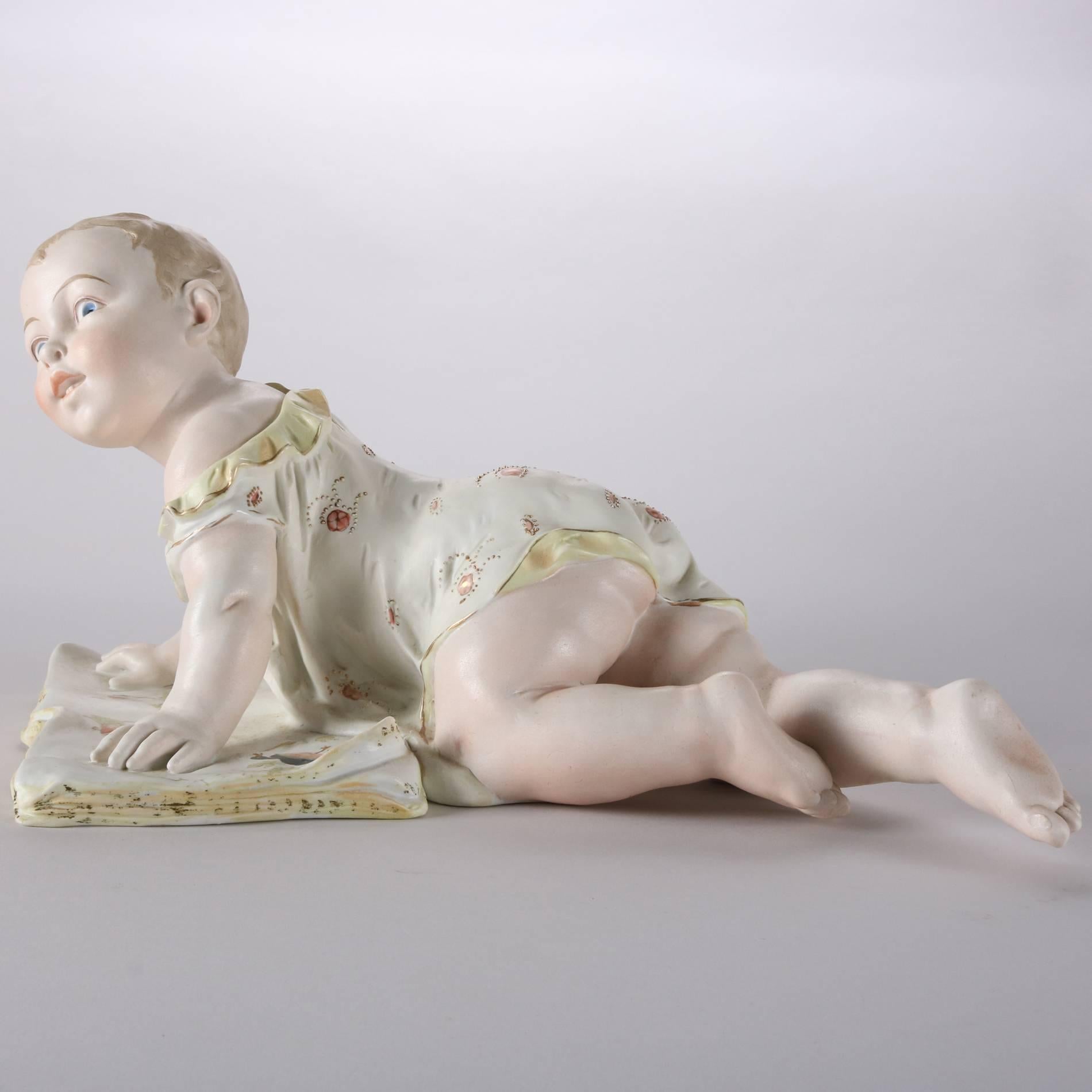 European Antique Large English Painted & Gilt Bisque Porcelain Piano Baby, 19th Century