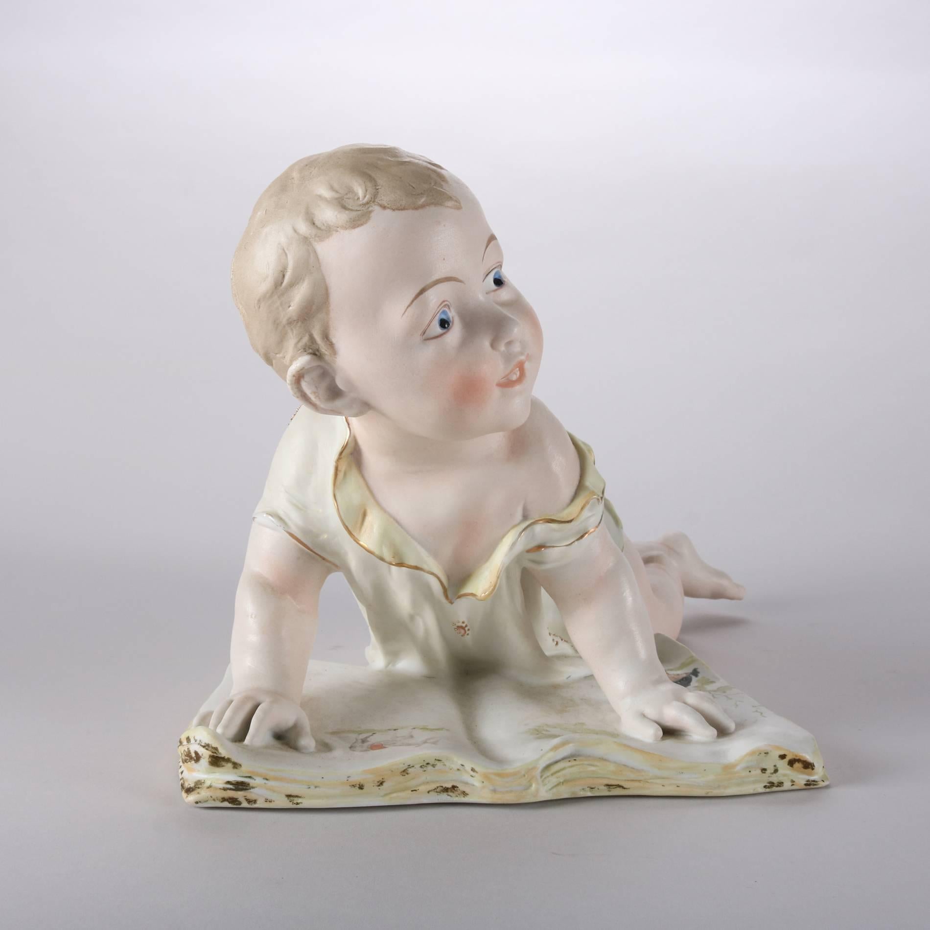 Antique Large English Painted & Gilt Bisque Porcelain Piano Baby, 19th Century 1