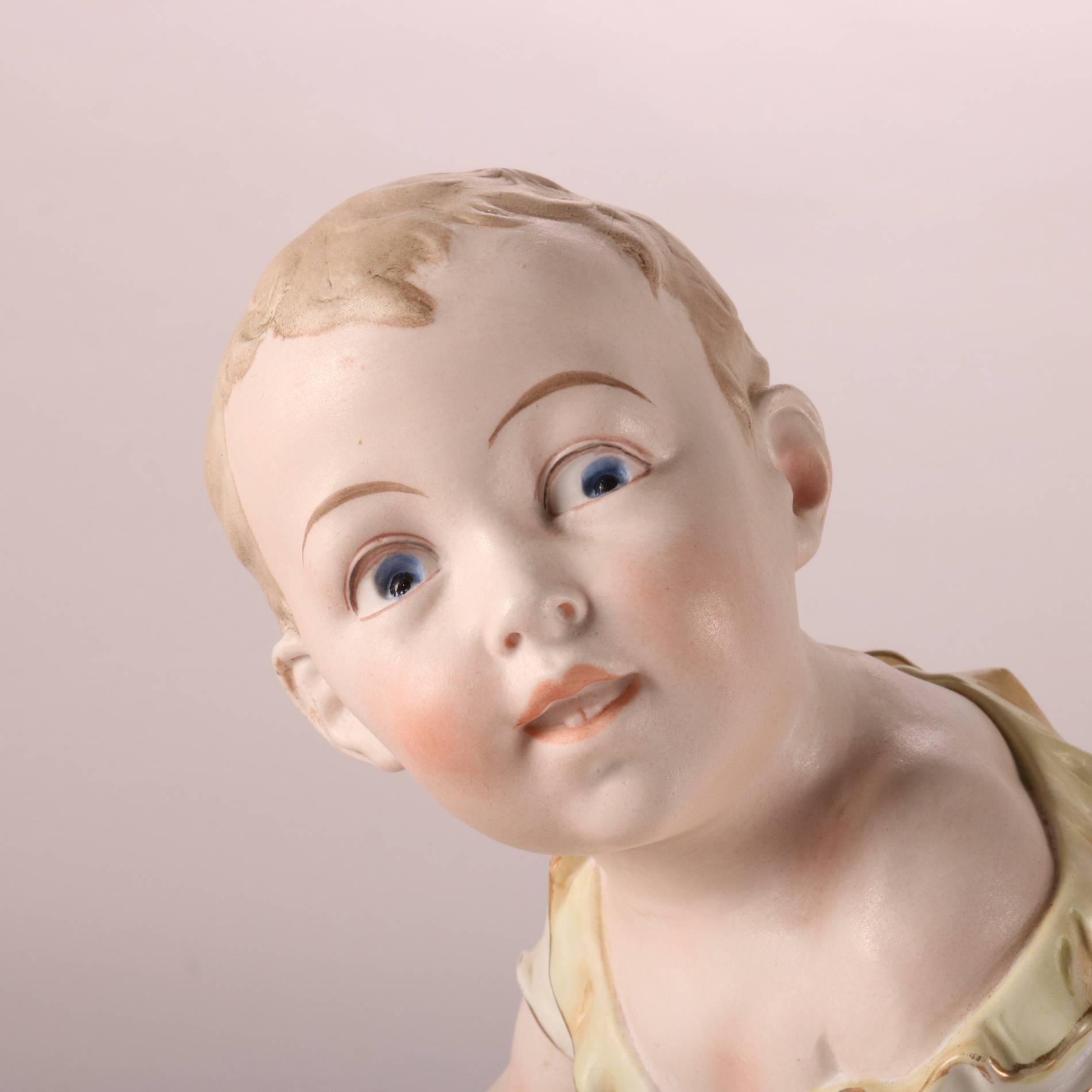 Antique Large English Painted & Gilt Bisque Porcelain Piano Baby, 19th Century In Good Condition In Big Flats, NY
