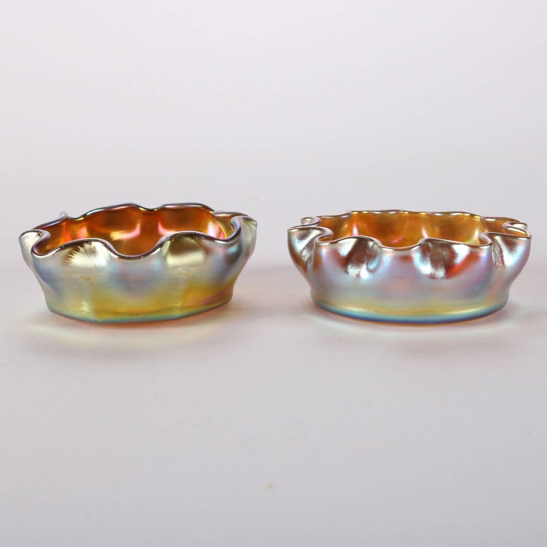 Hand-Carved Pair of Antique Louis Comfort Tiffany Gold Favrile Art Glass Salt Cellars