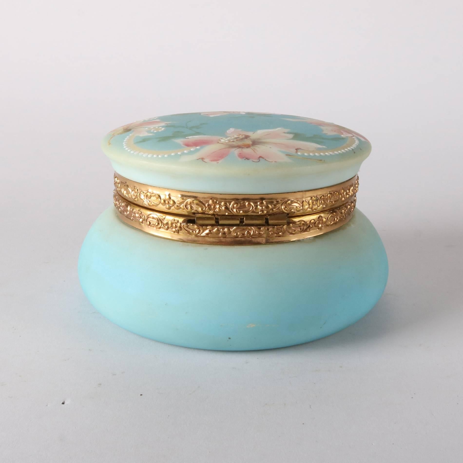 Embossed Wavecrest School Hand-Painted Floral Opal Ware Nakara Dresser Jar, 19th Century