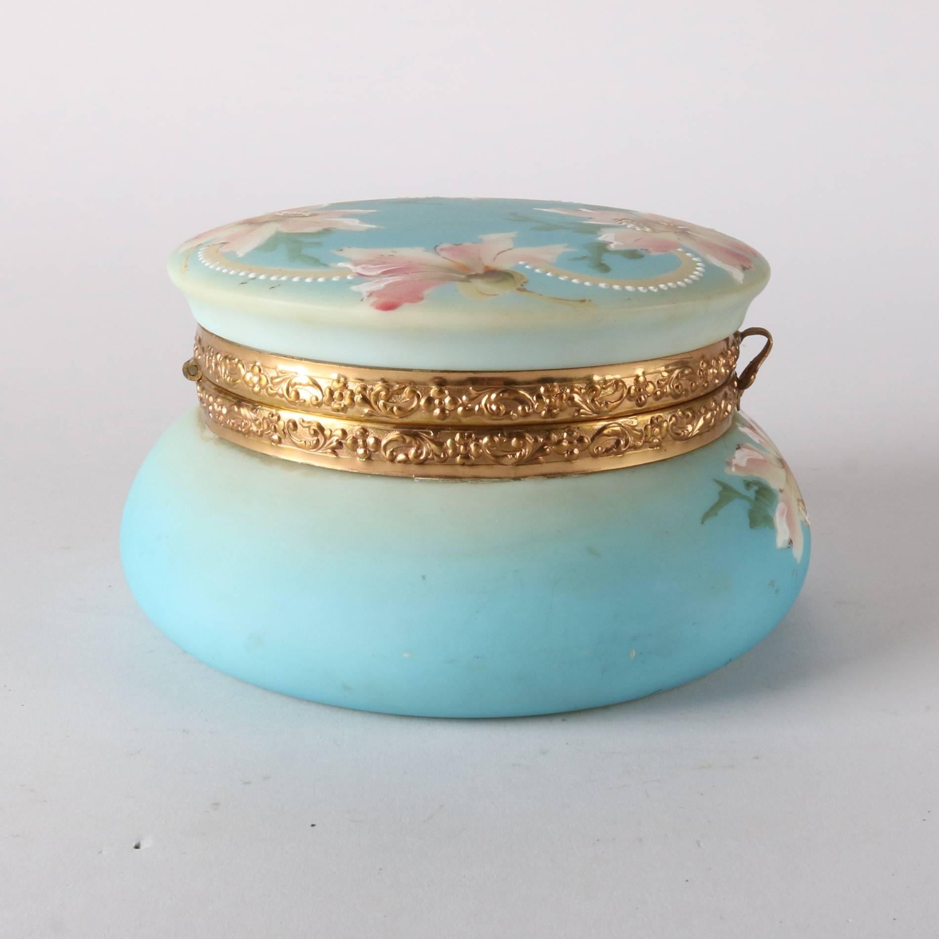 Wavecrest School Hand-Painted Floral Opal Ware Nakara Dresser Jar, 19th Century In Good Condition In Big Flats, NY