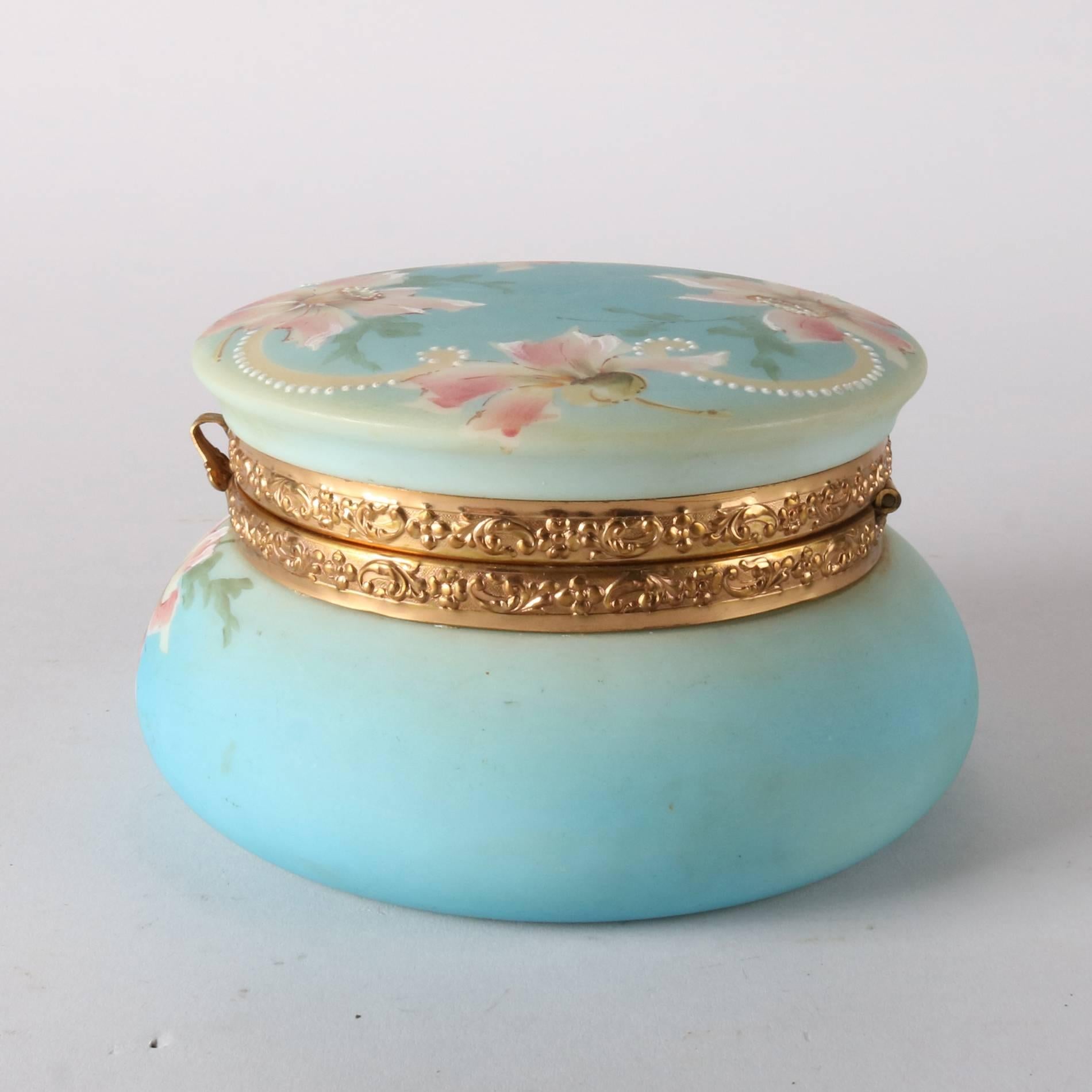 American Wavecrest School Hand-Painted Floral Opal Ware Nakara Dresser Jar, 19th Century