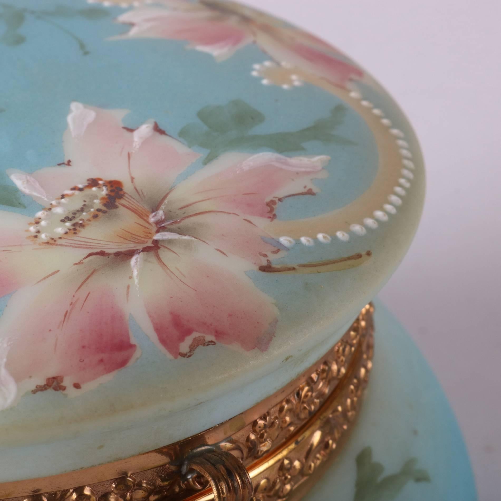 Wavecrest School Hand-Painted Floral Opal Ware Nakara Dresser Jar, 19th Century 3