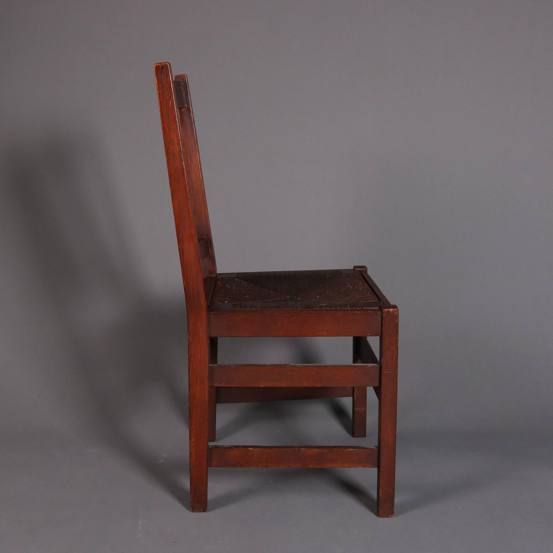 Rush Four Arts & Crafts Mission Oak L. & J.G. Stickley Spindle Chairs, 20th Century