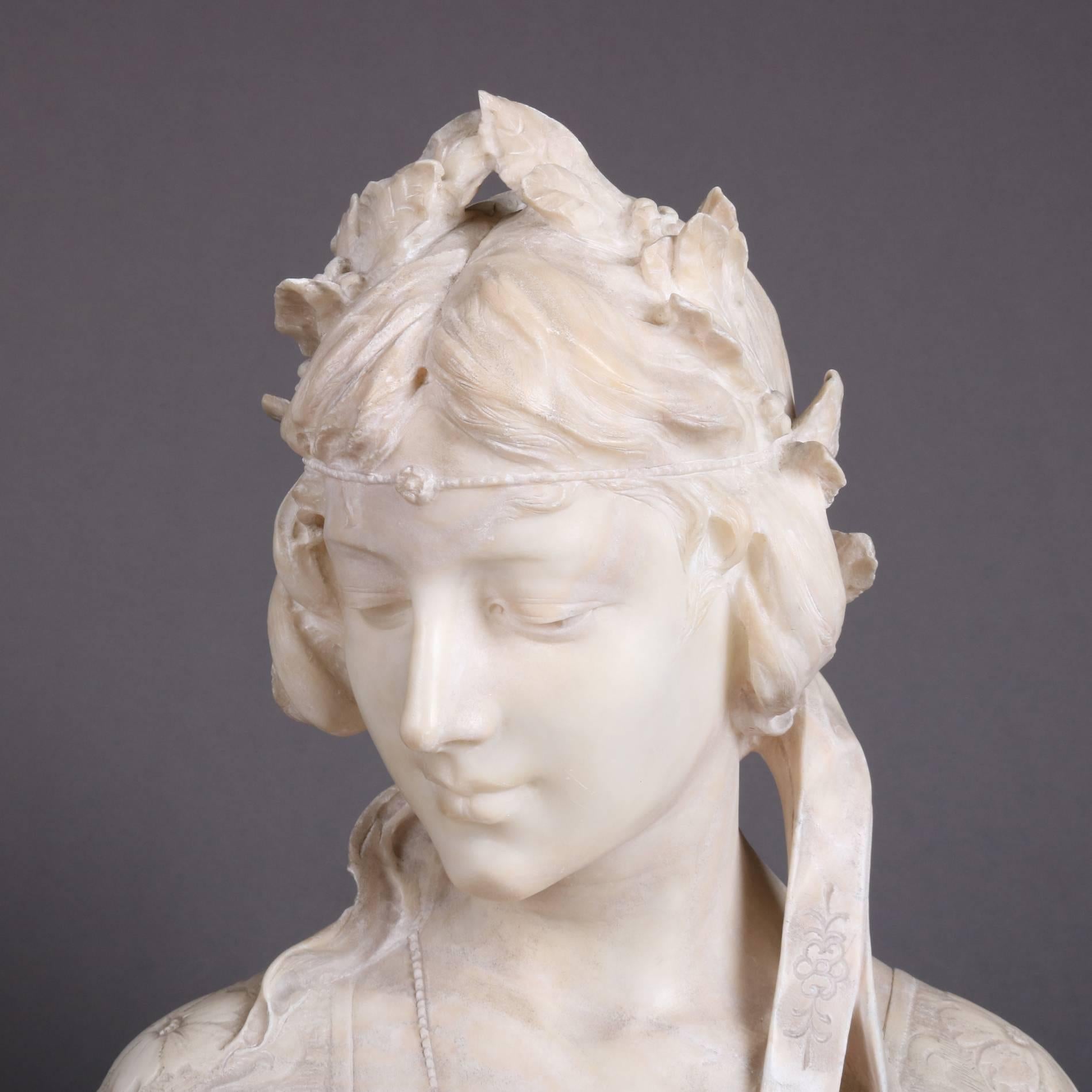 Antique neoclassic Italian highly detailed carved marble portrait sculpture Buste de femme (Bust of Woman) by Emilio Fiaschi (1858-1941), signed on back, display rod hole in base, 19th century

Measures: 19