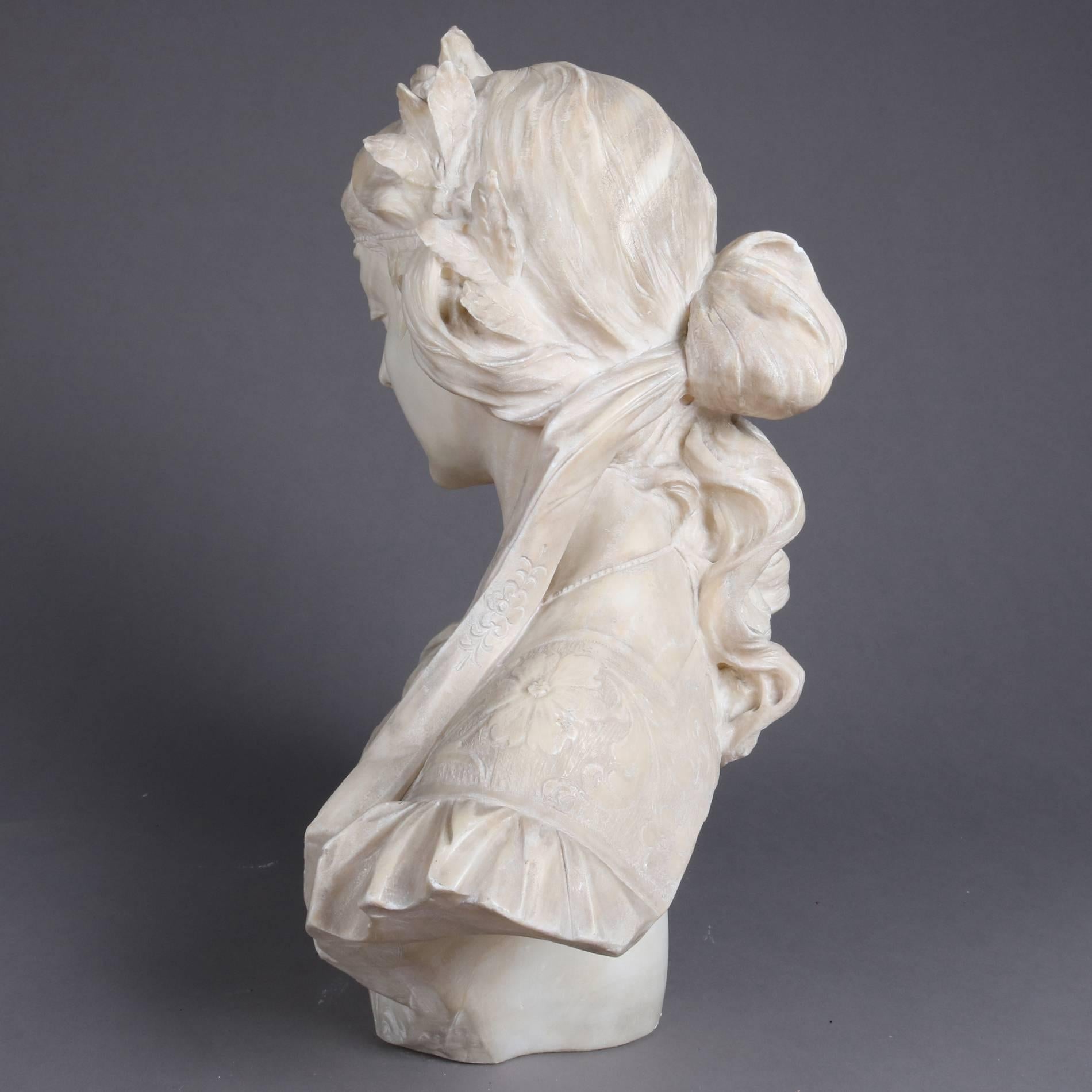 Carved Antique Italian Marble Buste de Femme by E. Fiaschi, 19th Century