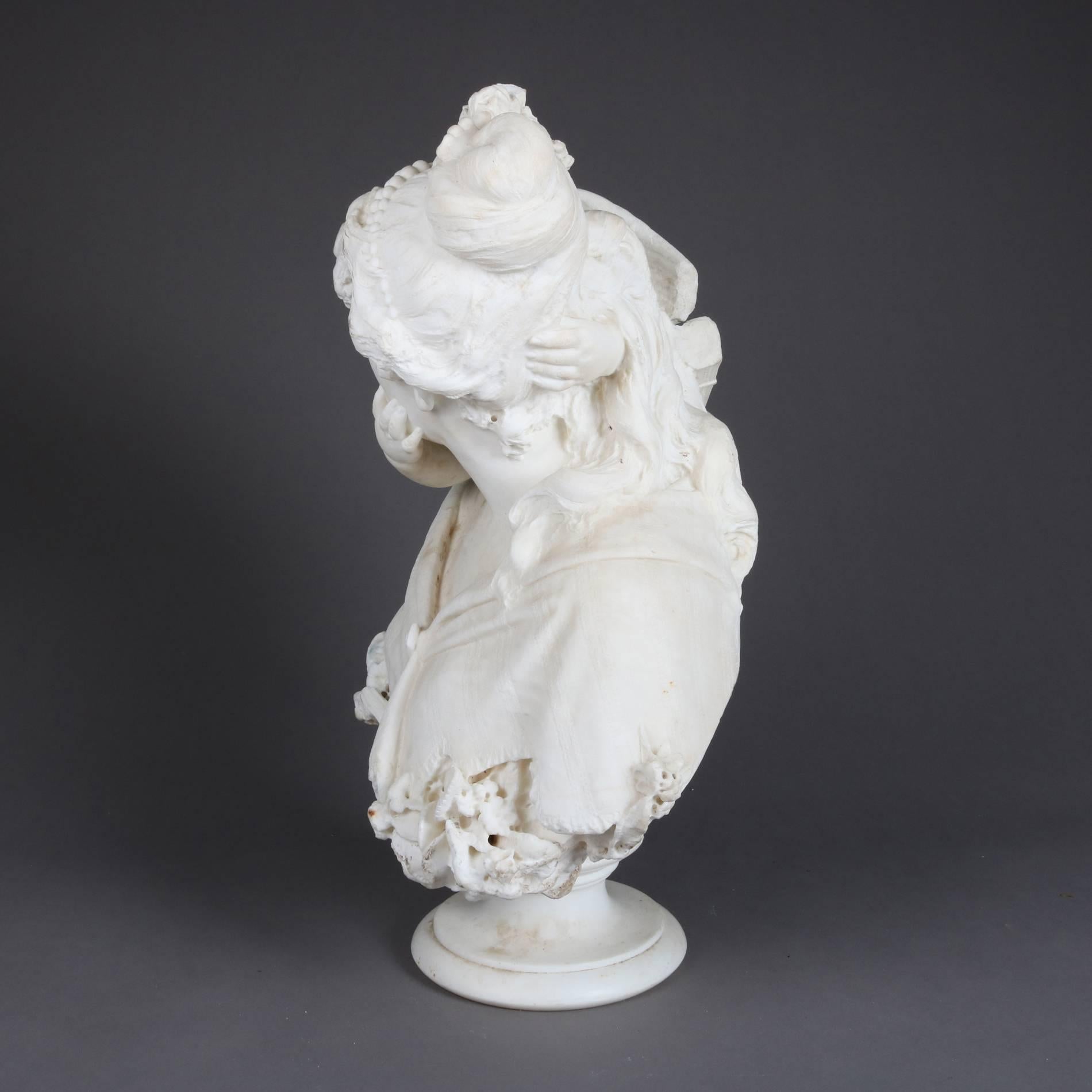 19th Century Oversized Antique Carved Alabaster Bust of Classical Cupid & Psyche