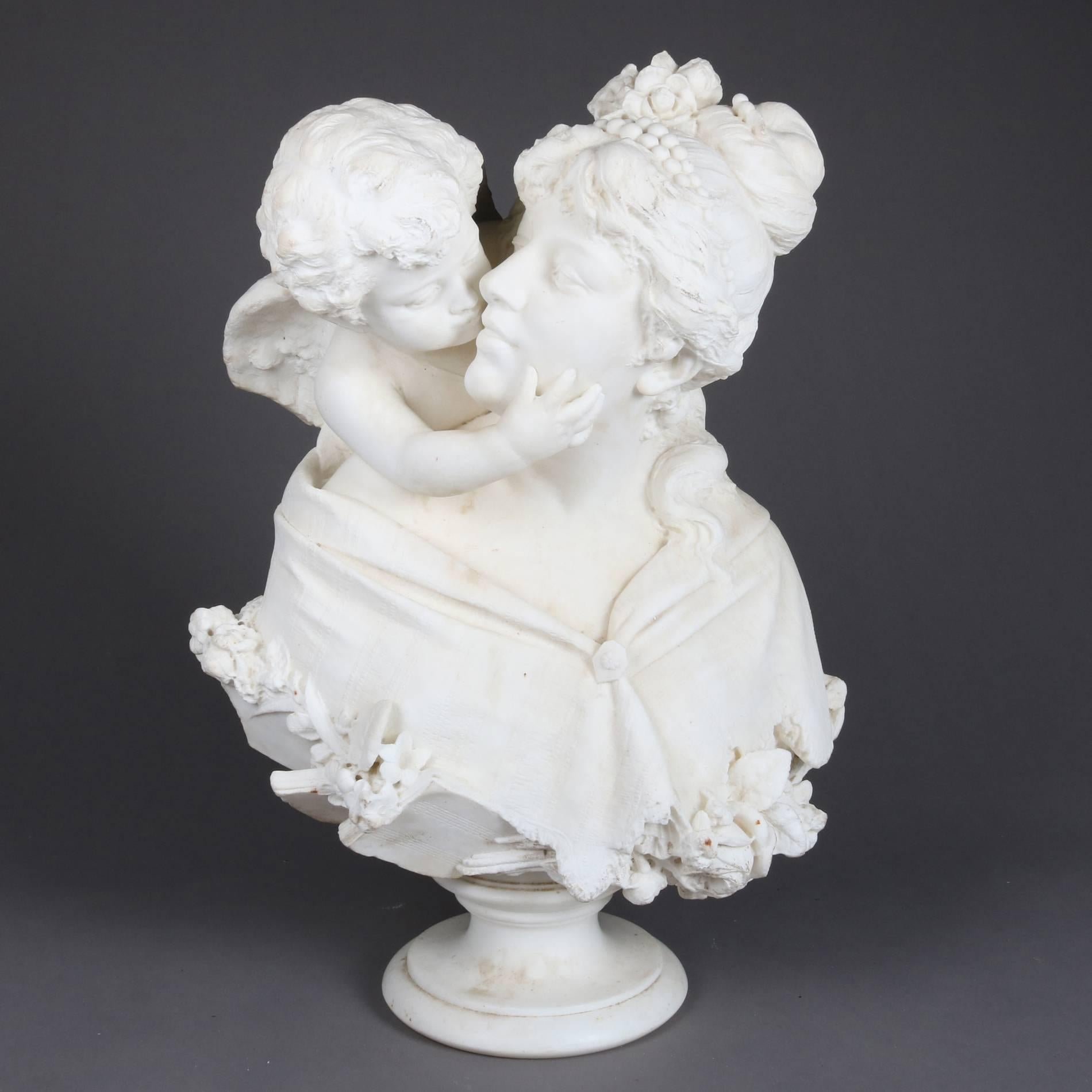 Oversized antique carved alabaster bust depicts Psyche and Amor, also known as Psyche Receiving Cupid's First Kiss (1798), by François Gérard, or Venus, Cupid, Folly, and Time (also called An Allegory of Venus and Cupid and A Triumph of Venus), an