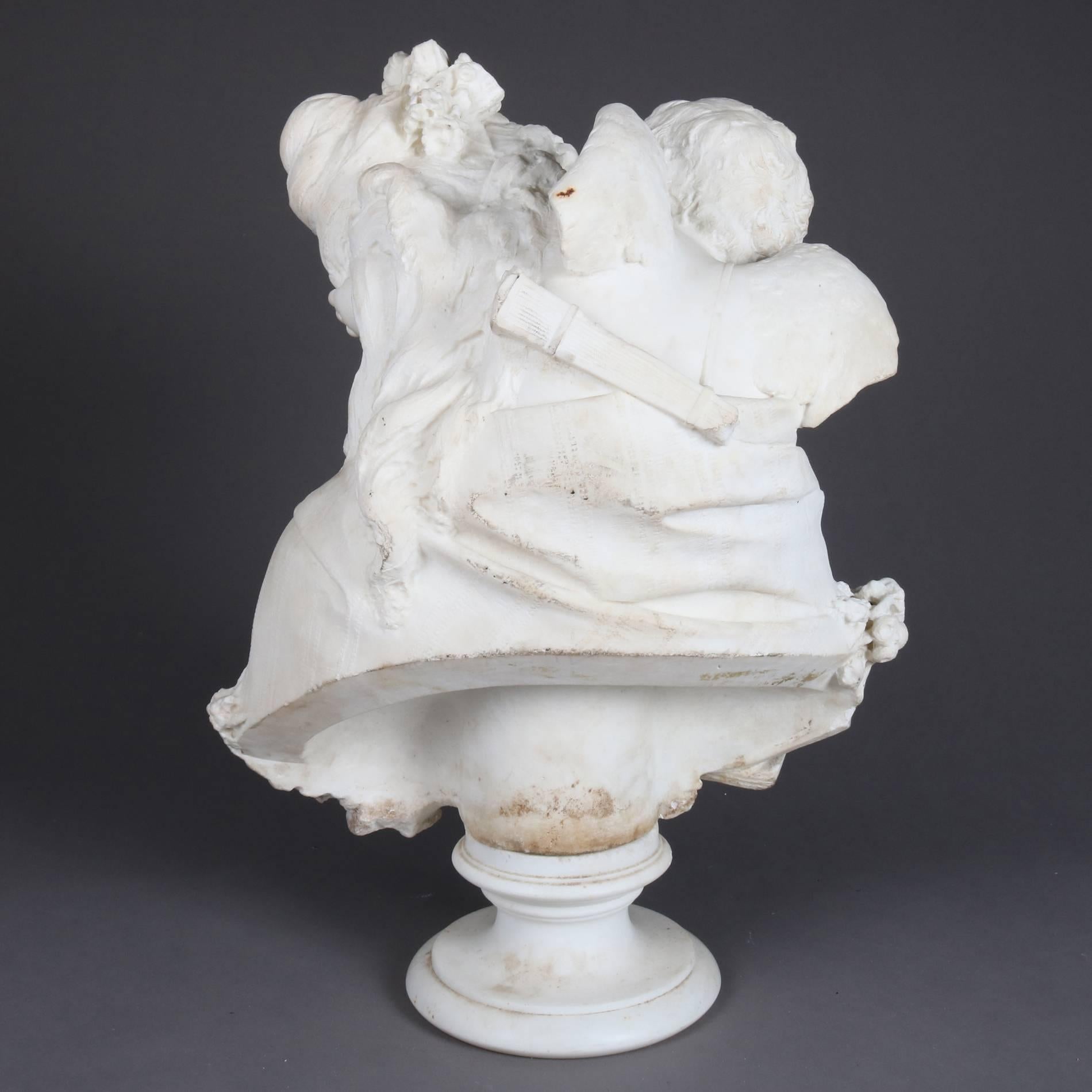 Oversized Antique Carved Alabaster Bust of Classical Cupid & Psyche 1