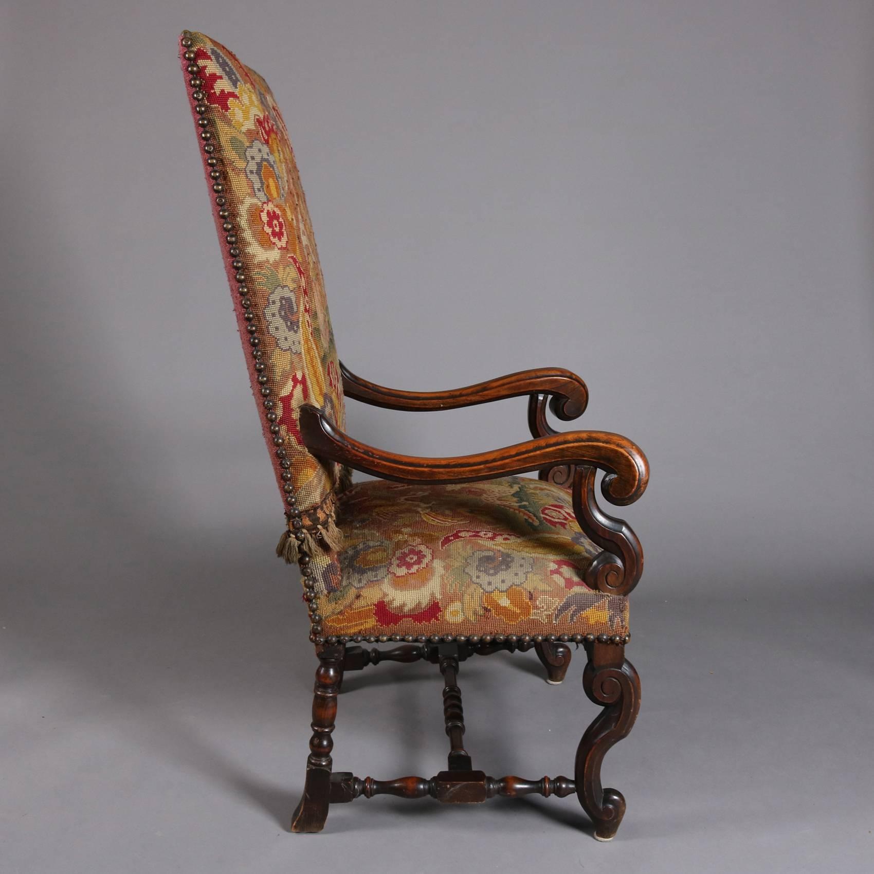 Antique Renaissance Revival Mahogany and Tapestry Throne Chair, 19th Century 4