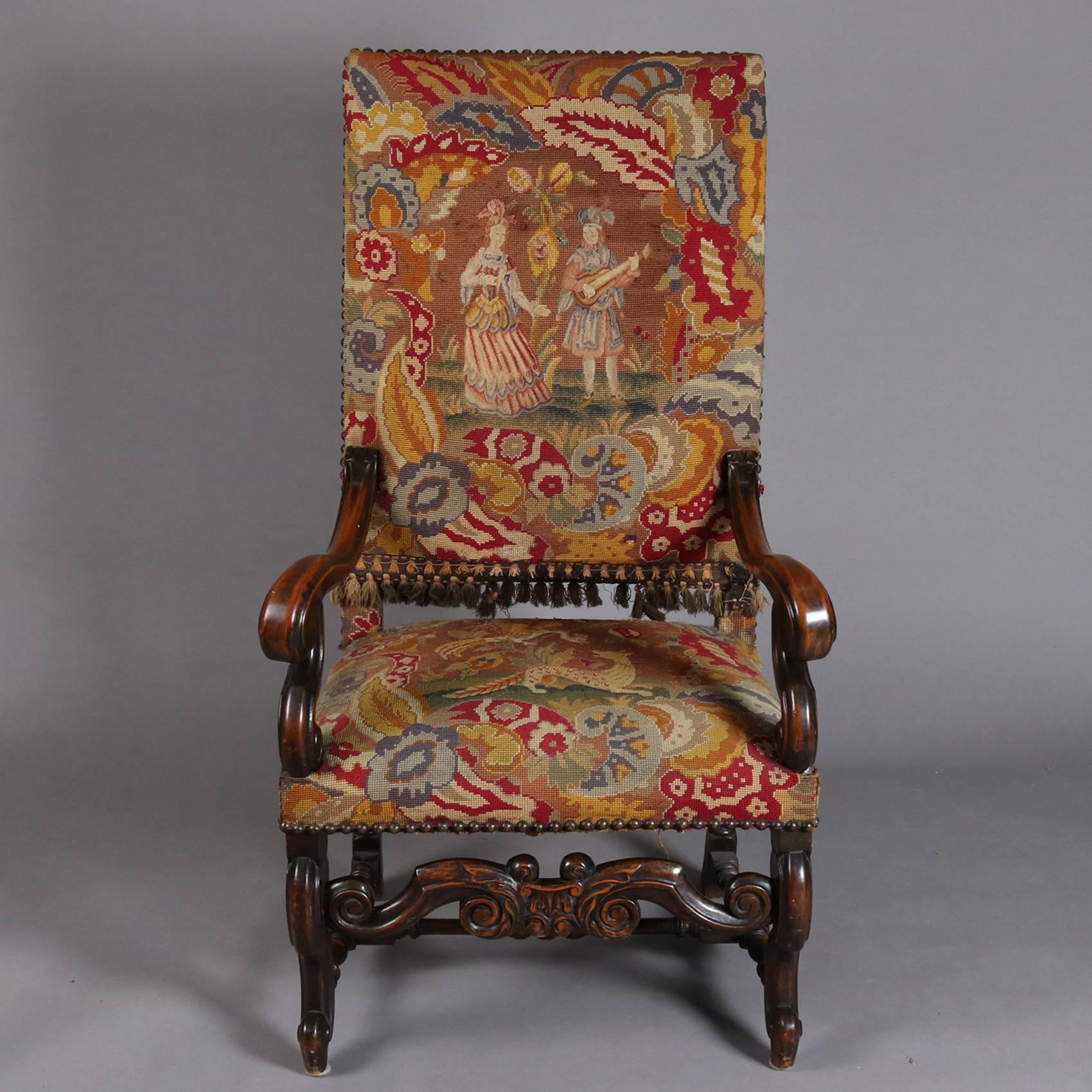 Antique Renaissance Revival throne chair features mahogany frame and tapestry upholstery with tassel fringe, 19th century

Measures - 51"h x 27"w x 22"d, 18" seat height