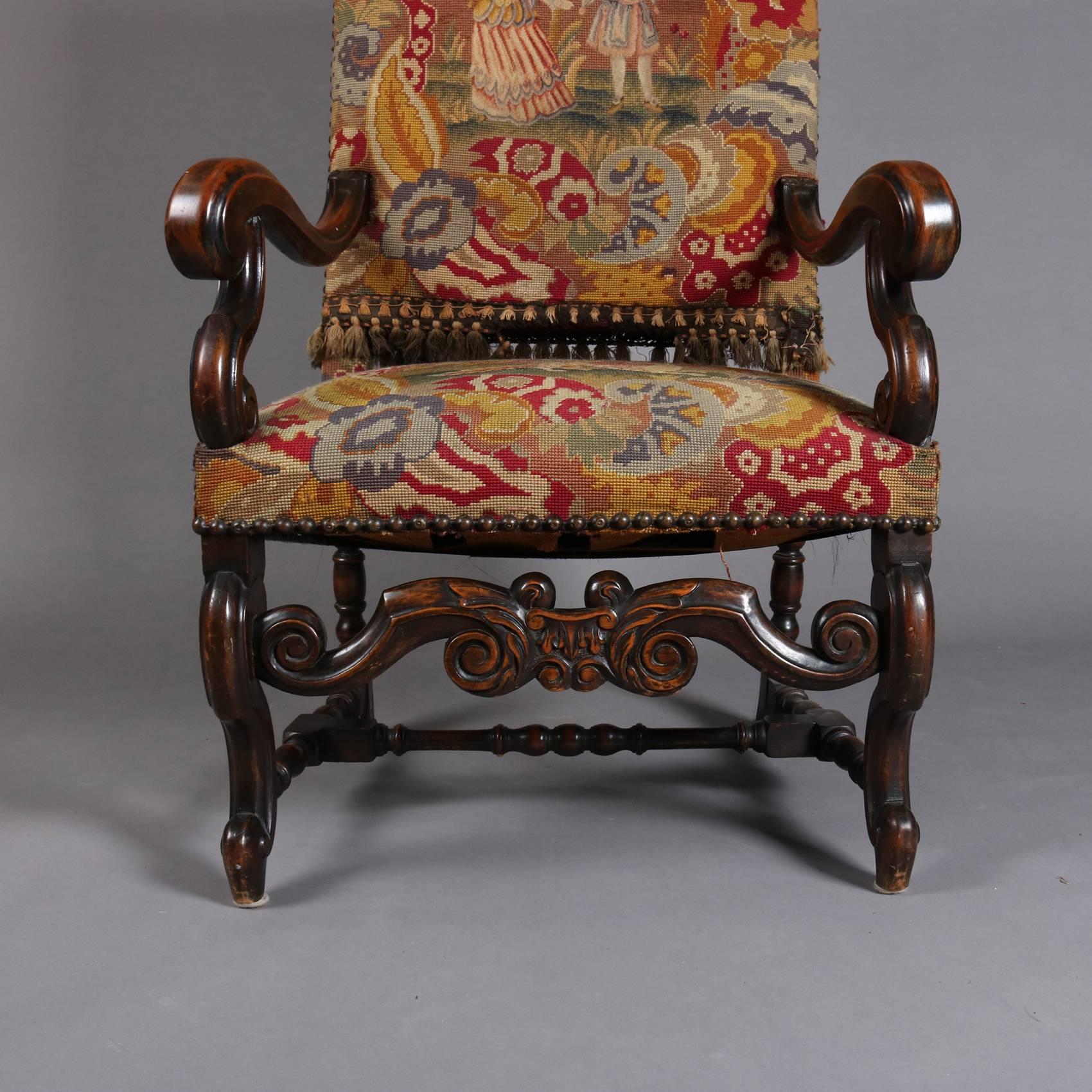 Antique Renaissance Revival Mahogany and Tapestry Throne Chair, 19th Century In Good Condition In Big Flats, NY