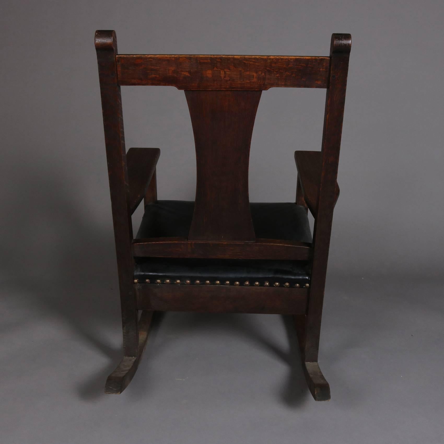 Antique Arts & Crafts Mission Oak Rocking Chair by Roycroft, Signed In Good Condition In Big Flats, NY